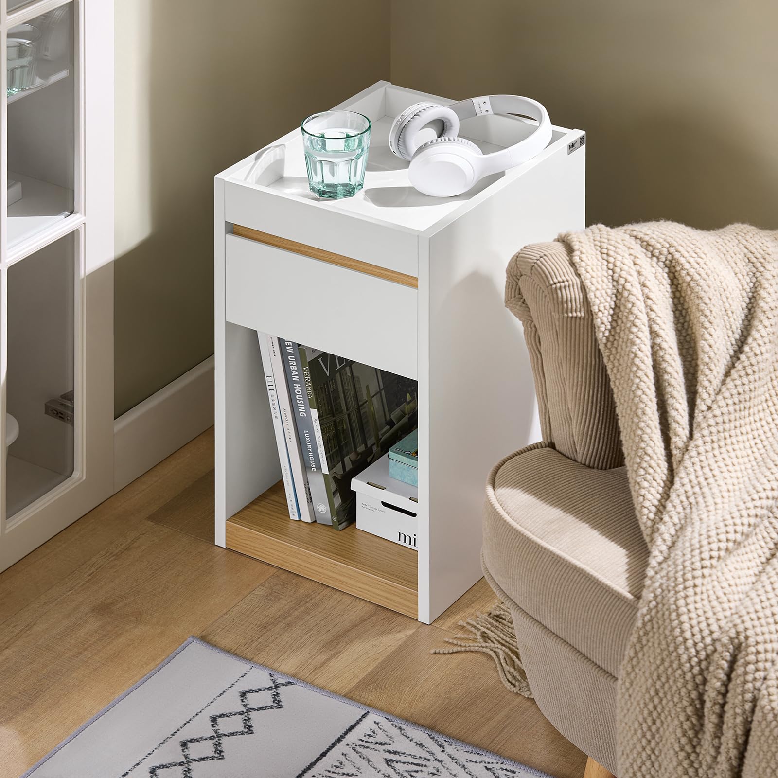 SoBuy stolik nocny Boxspring Sofa stolik nocny szafka nocna stolik pomocniczy wąski stolik pod telefon szafka nocna, kolor biały, wym. ok. 30x55x35 cm FBT137-W