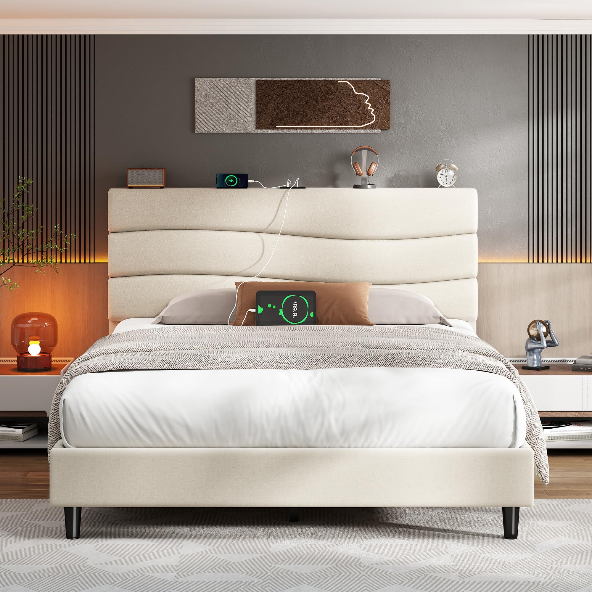 EnHomee Full Size Bed Frame, Upholstered Full Bed Frame with Charging Stations, Storage Headboard Adjustable, Bedroom, Apartment, Dorm, Noise-Free, No