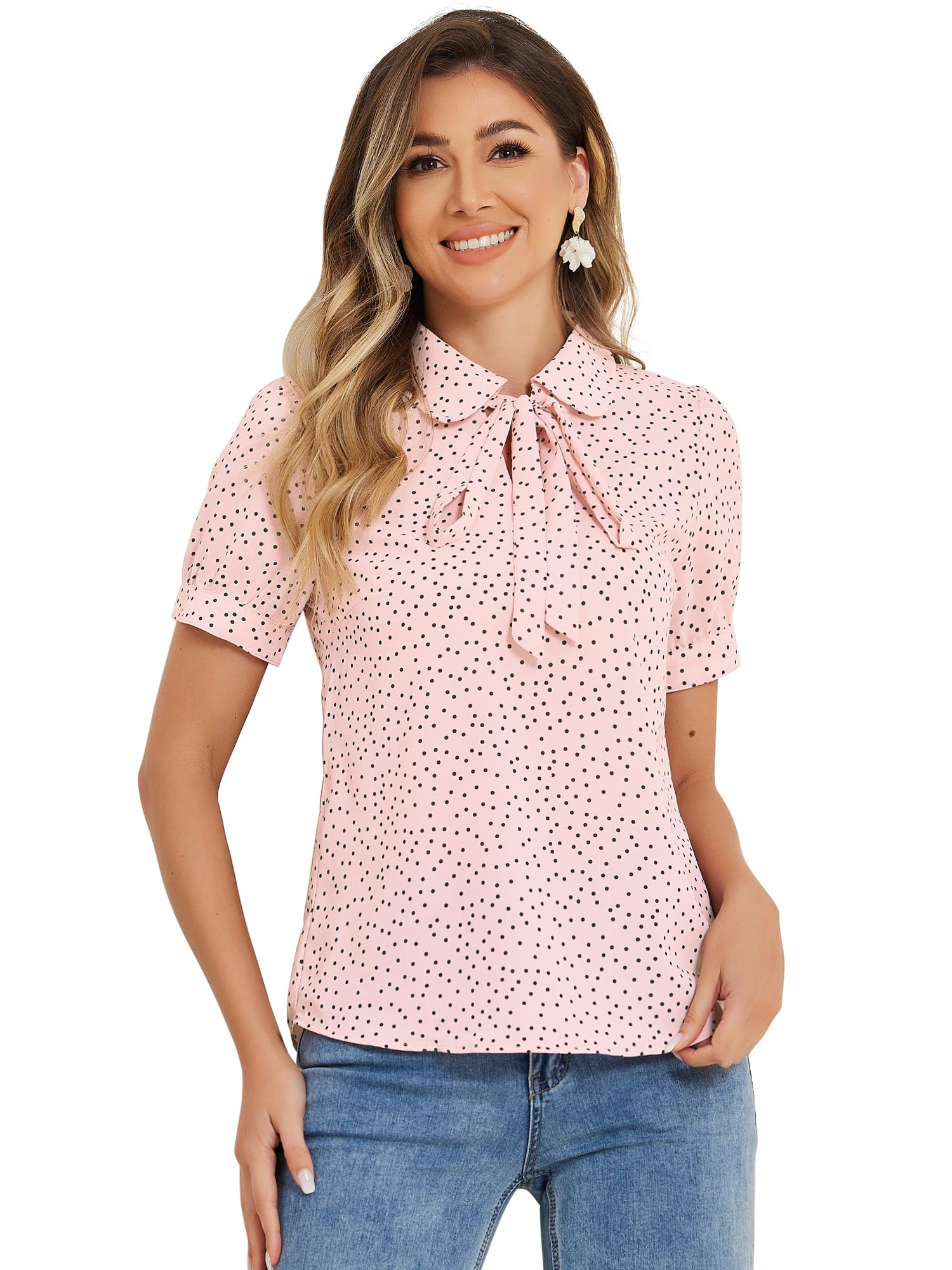 Allegra K Women's Bow Tie Neck Peter Pan Collar Cute Shirt 1950s Retro Polka Dots Chiffon Blouse: X-Small Pink-dots