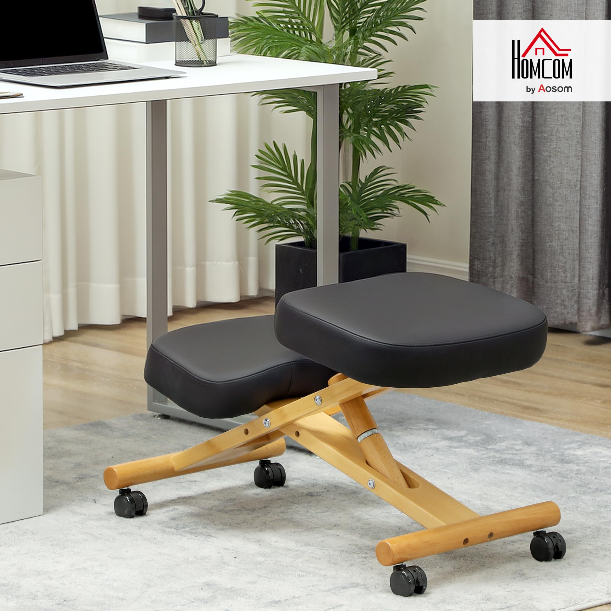 HOMCOM Sedia Ergonomica Inginocchiata con Rotelle in Legno di Caucciù Nero | Sedia Ergonomica Posturale da Ufficio e Casa, Sgabello Ergonomico Inginocchiatoio