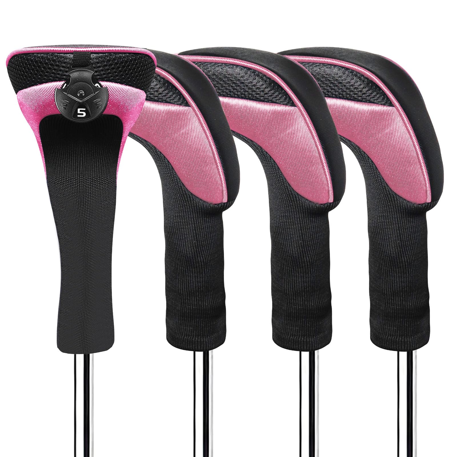 FINGER TEN Golf Club Head Covers Woods Hybrids Long Cover, Headcovers with Interchangeable No. Tags Fit All Hybrids Wood Clubs Light Durable (Rose-4 Pack Hybrid Covers)