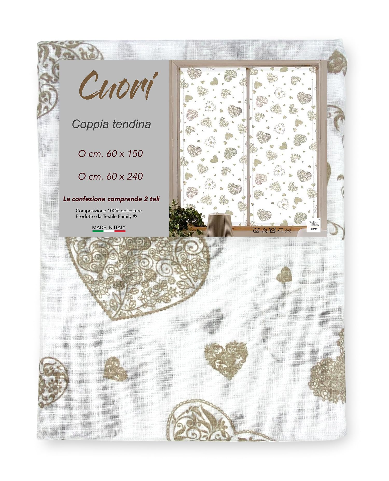 Tex family Coppia TENDINA a vetro Cuore Beige larga cm. 60 da Finestra e da Porta - COPPIA (2 TELI) CM. 60X150