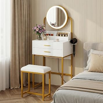 YOURLITE Small Dressing Table with Lighted Mirror, Vanity Desk with Stool