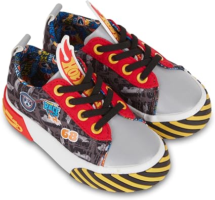 Hot Wheels Toddler Boy Sneakers - Cars, Trucks, Tracks and Engines - Checkered Flag Race Car Lace Up Kids Sneakers