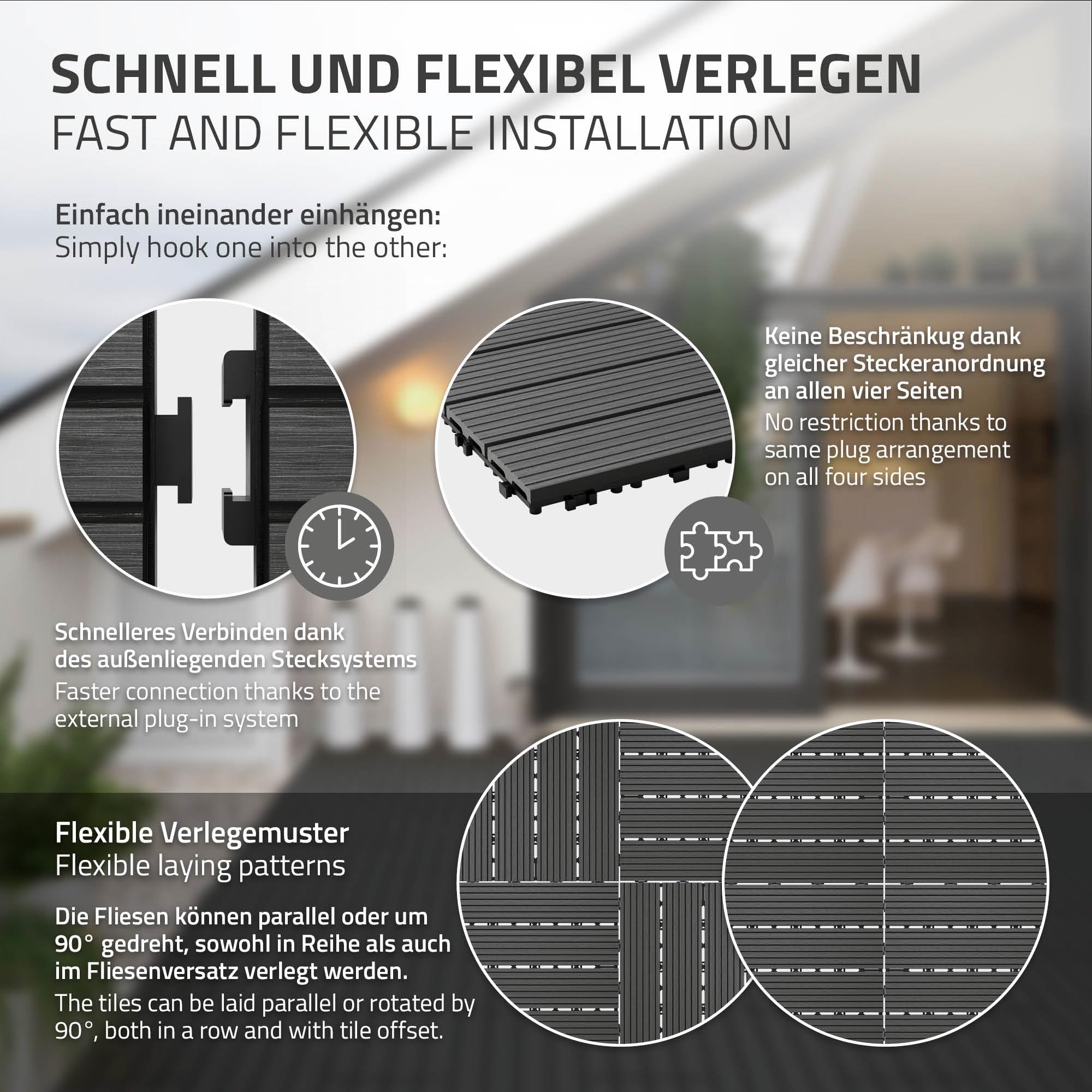 ECD Germany Dalles Terrasse Clipsables WPC 60x30 cm/12 pièces=2m² Anthracite Strié Aspect Bois Panneaux avec Système à Clic et Drainage Revêtement de Sol Carrelage Lames Patio Jardin Extérieur