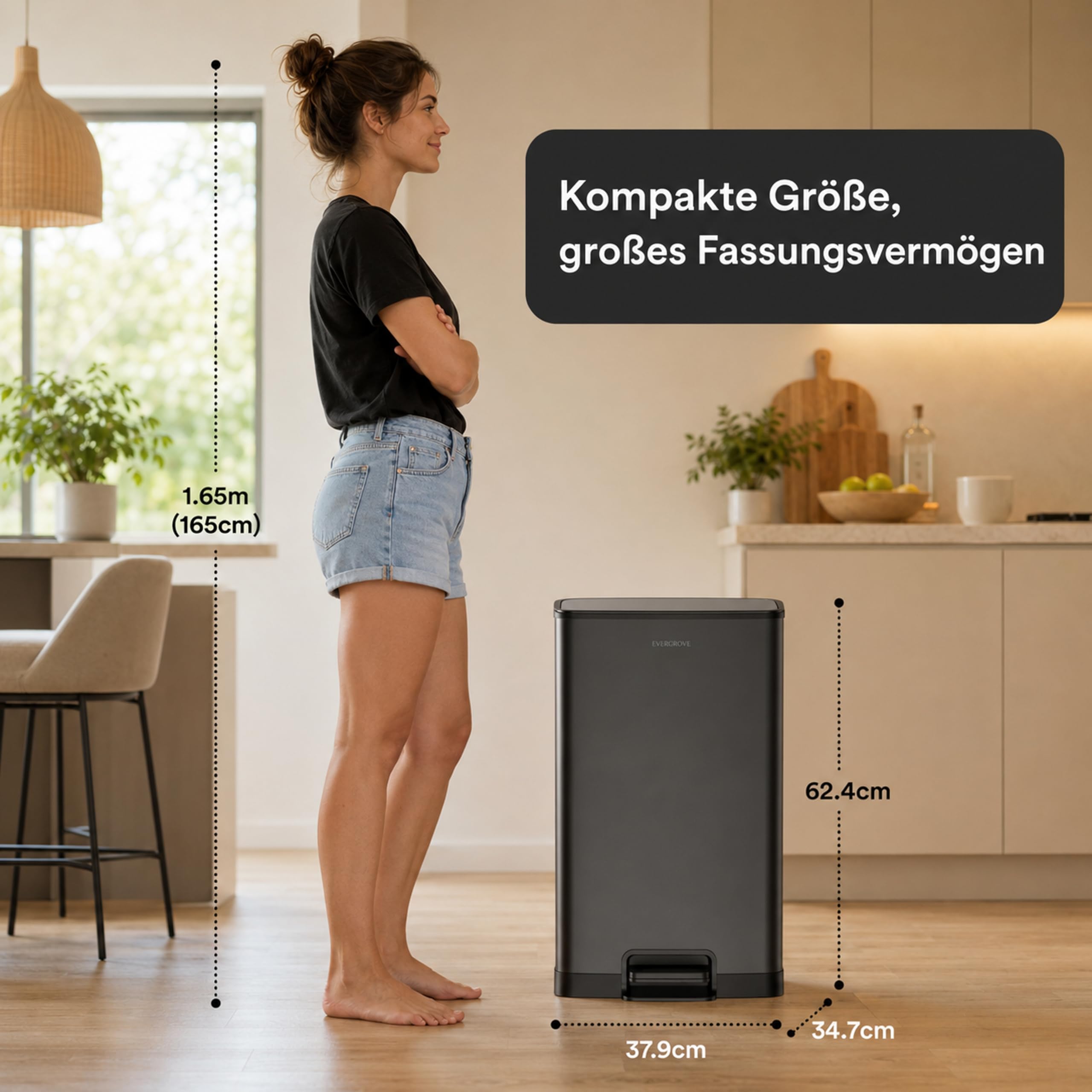 EverGrove Recycling Edelstahl-Mülleimer mit Fußpedal (Schwarz, 50, Liter) | Treteimer‑Pedal, Soft‑Close Deckel, herausnehmbarer Inneneimer und Mülltrennungssystem
