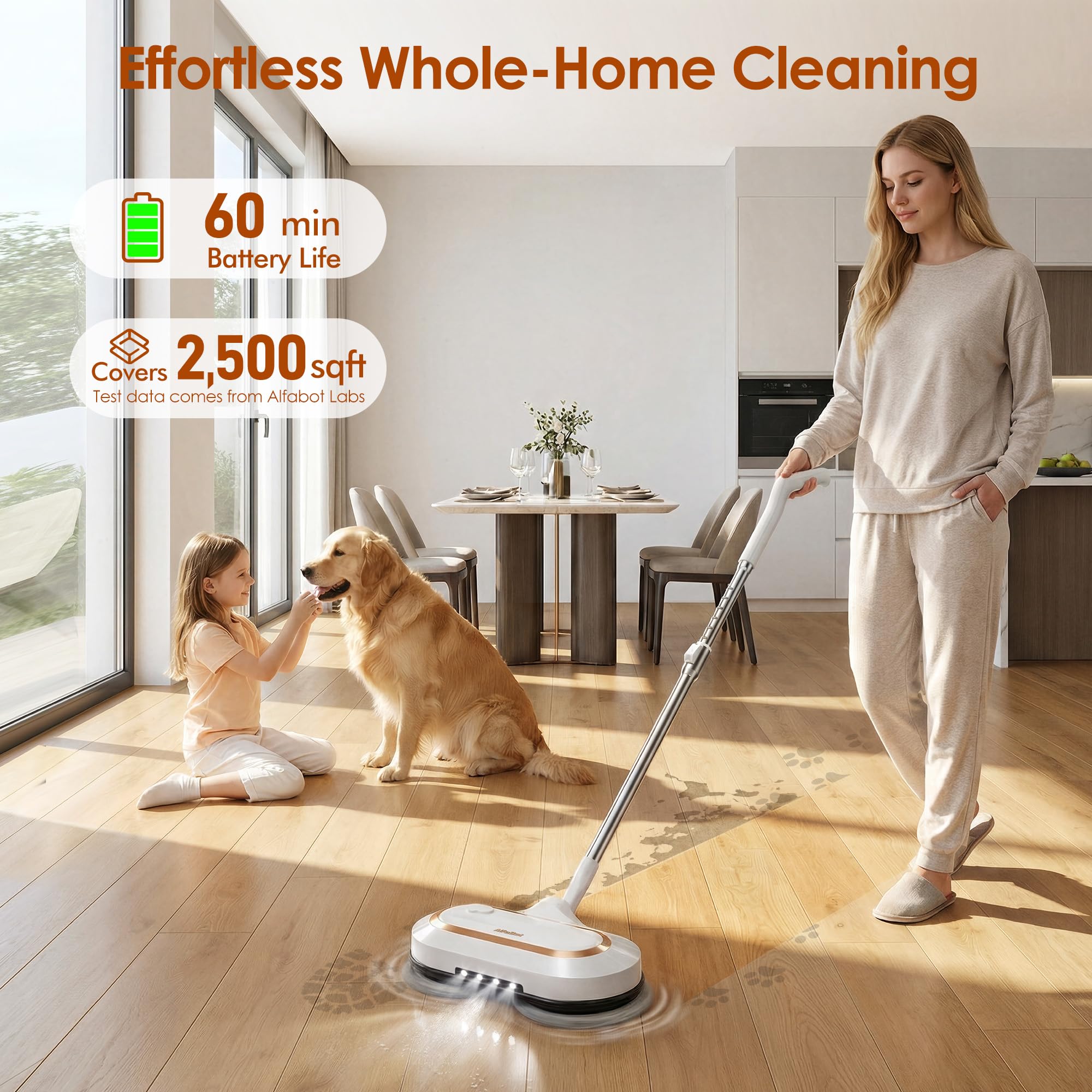 AlfaBot Fregona eléctrica inalámbrica para Limpieza de Suelos, Doble Giro con Faro LED, pulverización de Agua, batería de Larga duración, Limpiador de Pisos autopropulsado con Tubo Ajustable para