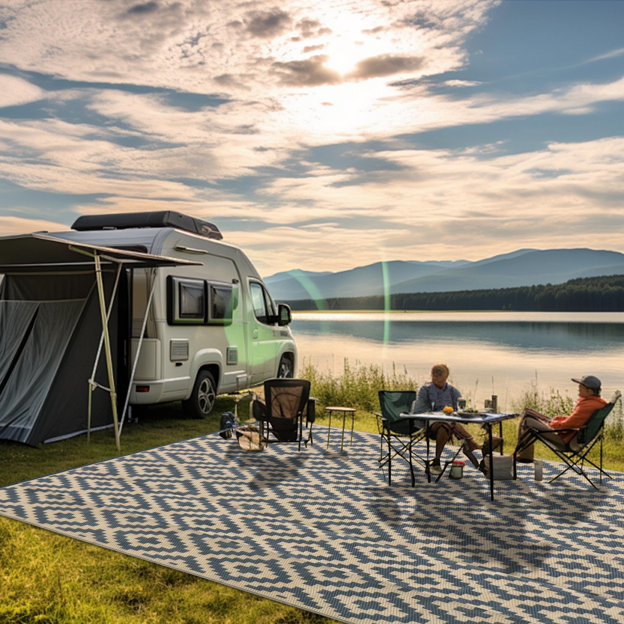 SAND MINE Tappetini reversibili, in plastica, stile moderno, grande tappetino e tappeto per esterni, camper, patio, cortile, terrazza, picnic, spiaggia, rimorchi, campeggio (20 x 3 m, reticolo grigio