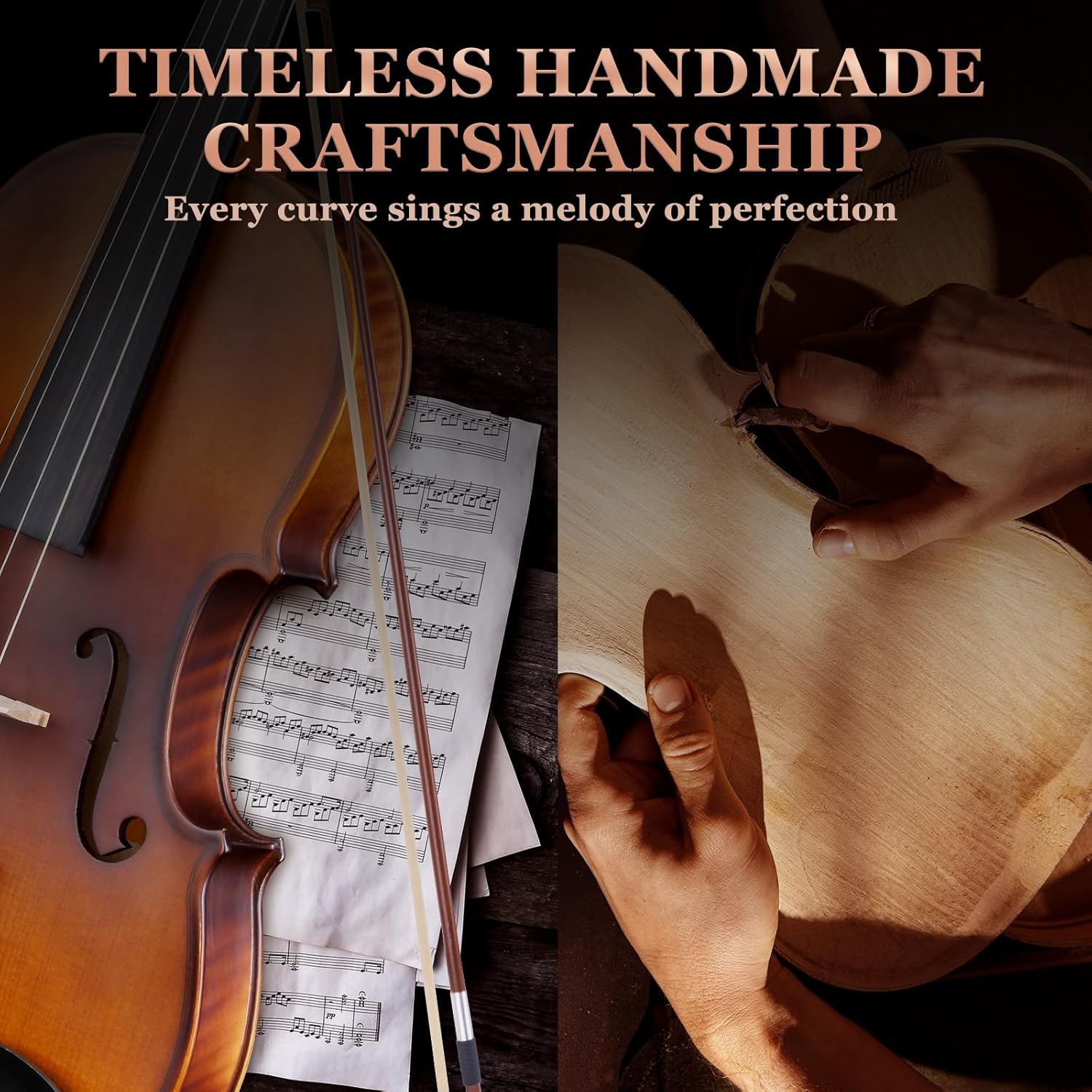 ALLSET 3/4 Full Size Acoustic Violin Kit for Beginners | Polywood Glossy Handmade Violin with Hard Case, Bow, Rosin, Shoulder Rest, Tuner & Extra Strings | Violin for adults | Tiger Stripe