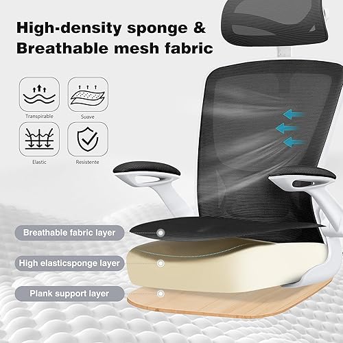 Miniatura 7 de Silla de oficina ergonómica, silla de escritorio para computadora cómoda con reposacabezas ajustable, soporte lumbar, reposabrazos abatibles, sillas