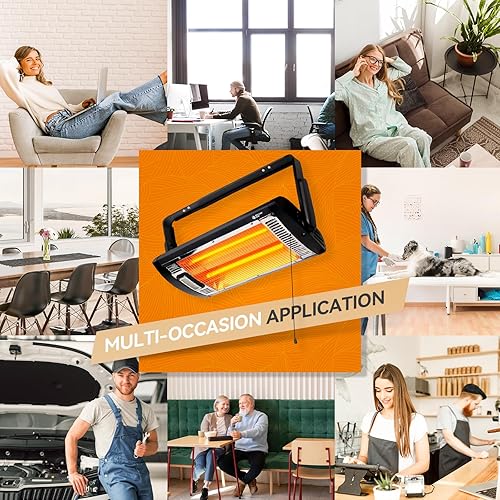 Miniatura 6 de BEYOND HEAT Calentador radiante de cuarzo doble montado en el techo de 7501500W, calentadores eléctricos de garaje con inclinación ajustable de 90