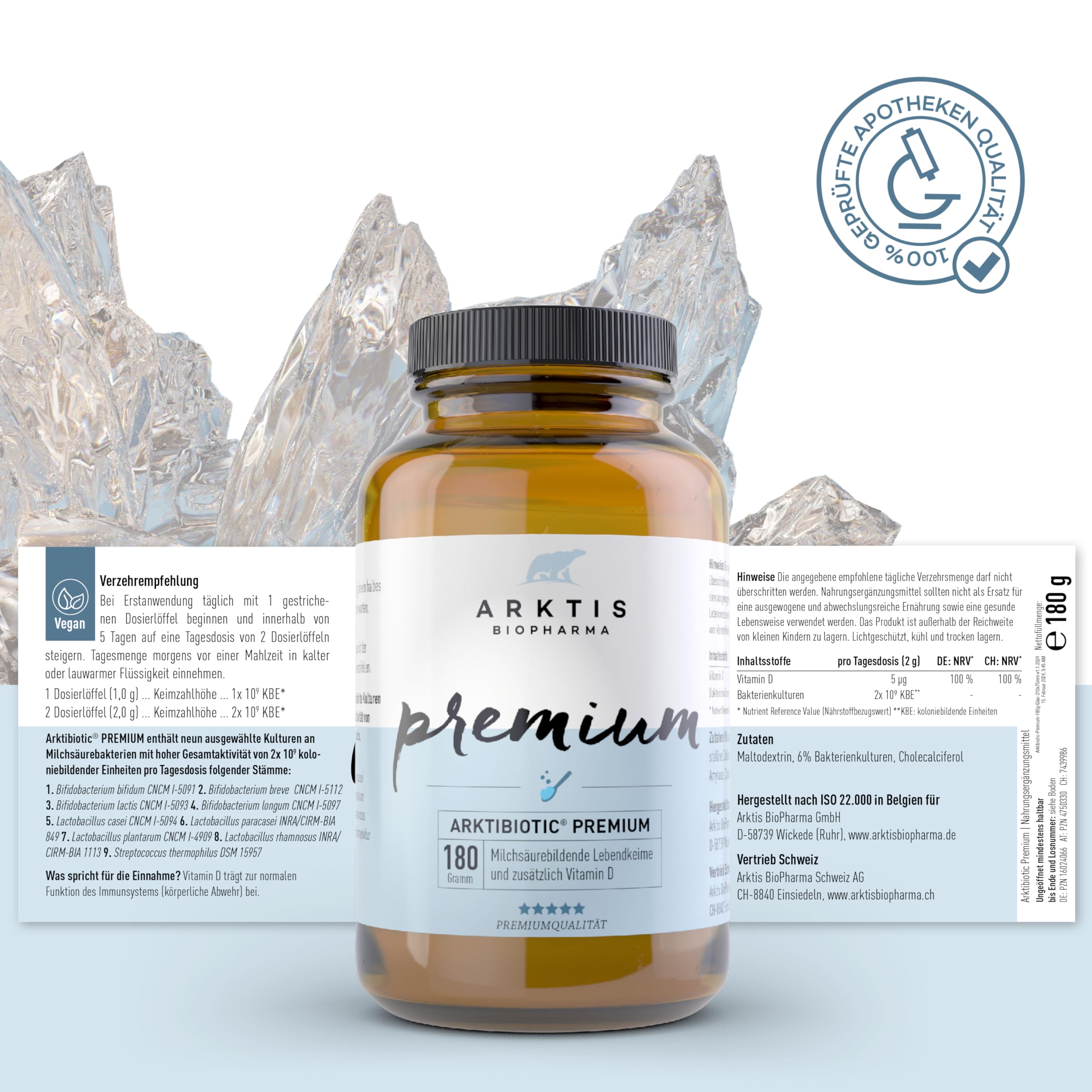 Arktibiotic Premium 180g Probiotika in Apothekenqualität + Vitamin D | Tägliche Darmkur mit 9 Milchsäurebakterien für Immunsystem & Verdauung
