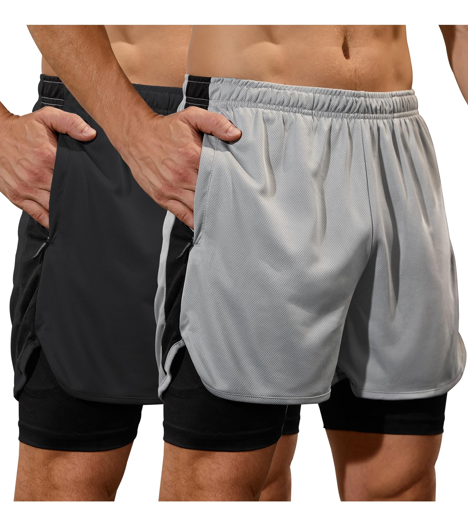 SILKWORLD Mens Running Stretch Shorts 2 in 1 Gym Workout Shorts Quick Dry Stretch Athletic Shorts with Pockets