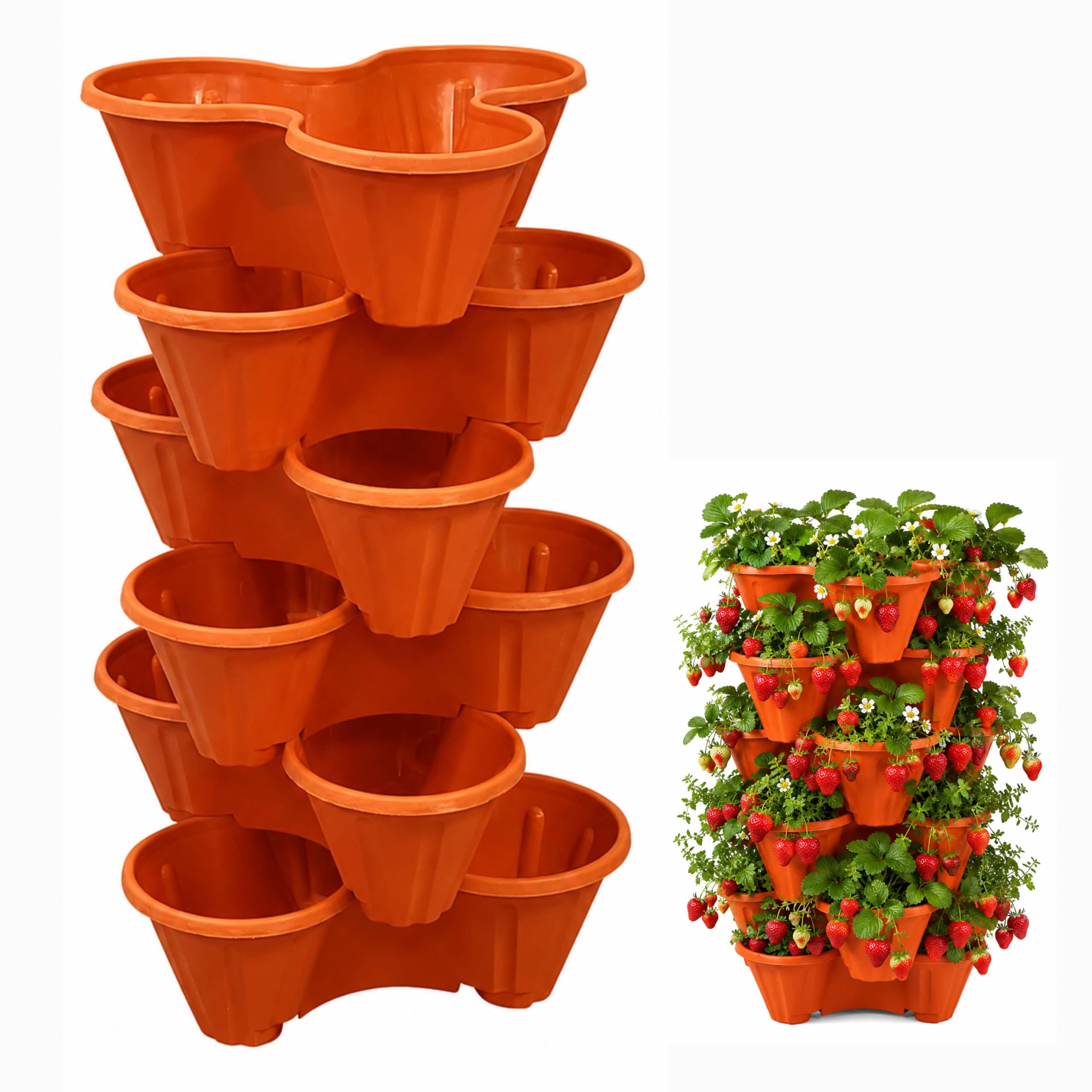 ADEPTNA Pack of 6 Stackable Trio Strawberry Planter Pots Terracotta Durable Plastic Herb Flower Bedding Plant Containers Weather-Resistant Vertical Garden Design Perfect Indoor Outdoor Use