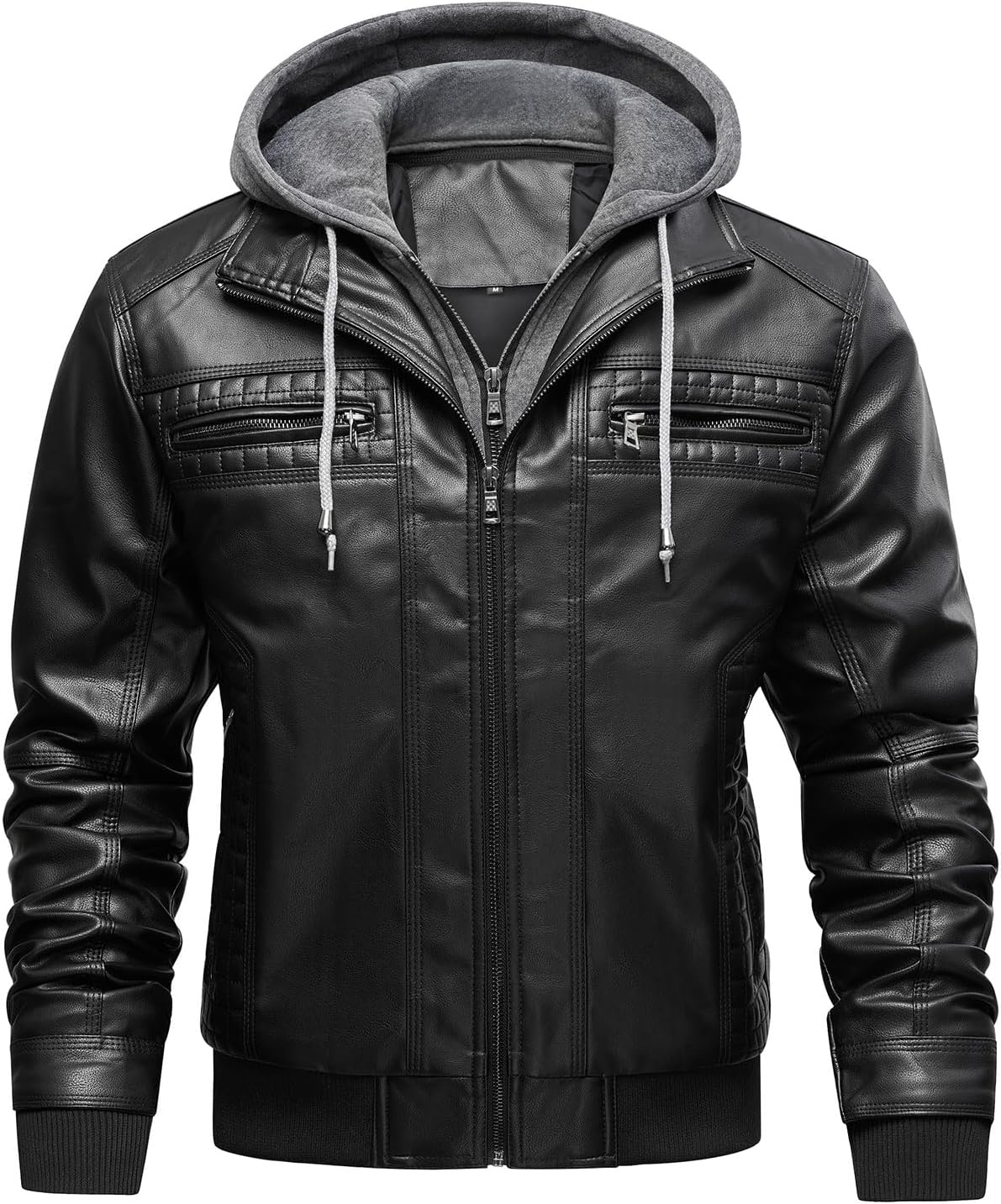 INVACHI Men's Leather Jacket Motorcycle Bomber Jacket Windproof PU Vintage Jacket with Removable Hood - Image 4
