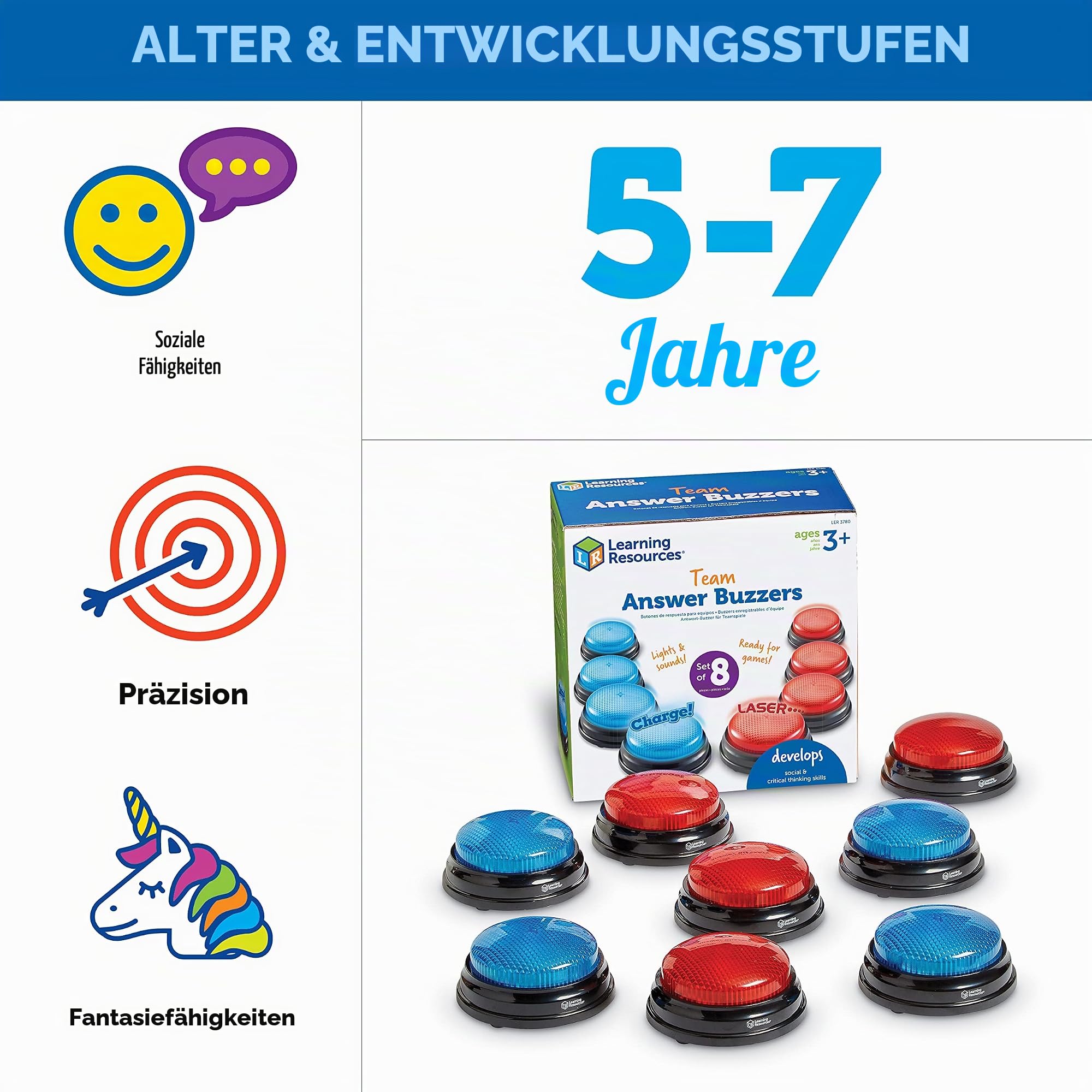 Learning Resources Antwort-Buzzer Set für Kinder, ab 3 Jahren, 8 Quiz-Buzzer mit 2 Geräuschen, rot & blau, fördert Teamarbeit & soziale Fähigkeiten, ideal für Schule & Zuhause