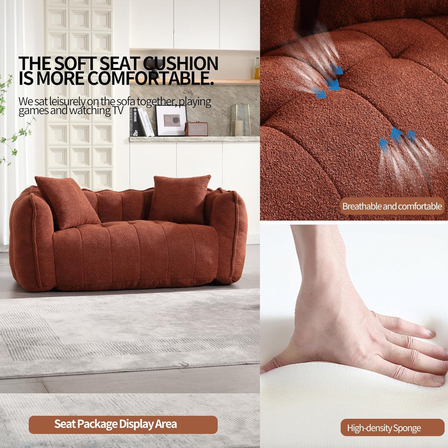 Modern Boneless Loveseat Sofa, 2 Seater Small Couch for Small Spaces, Soft Fabric Upholstered Foam Love Seat for Living Room Bedroom (Reddish Brown)