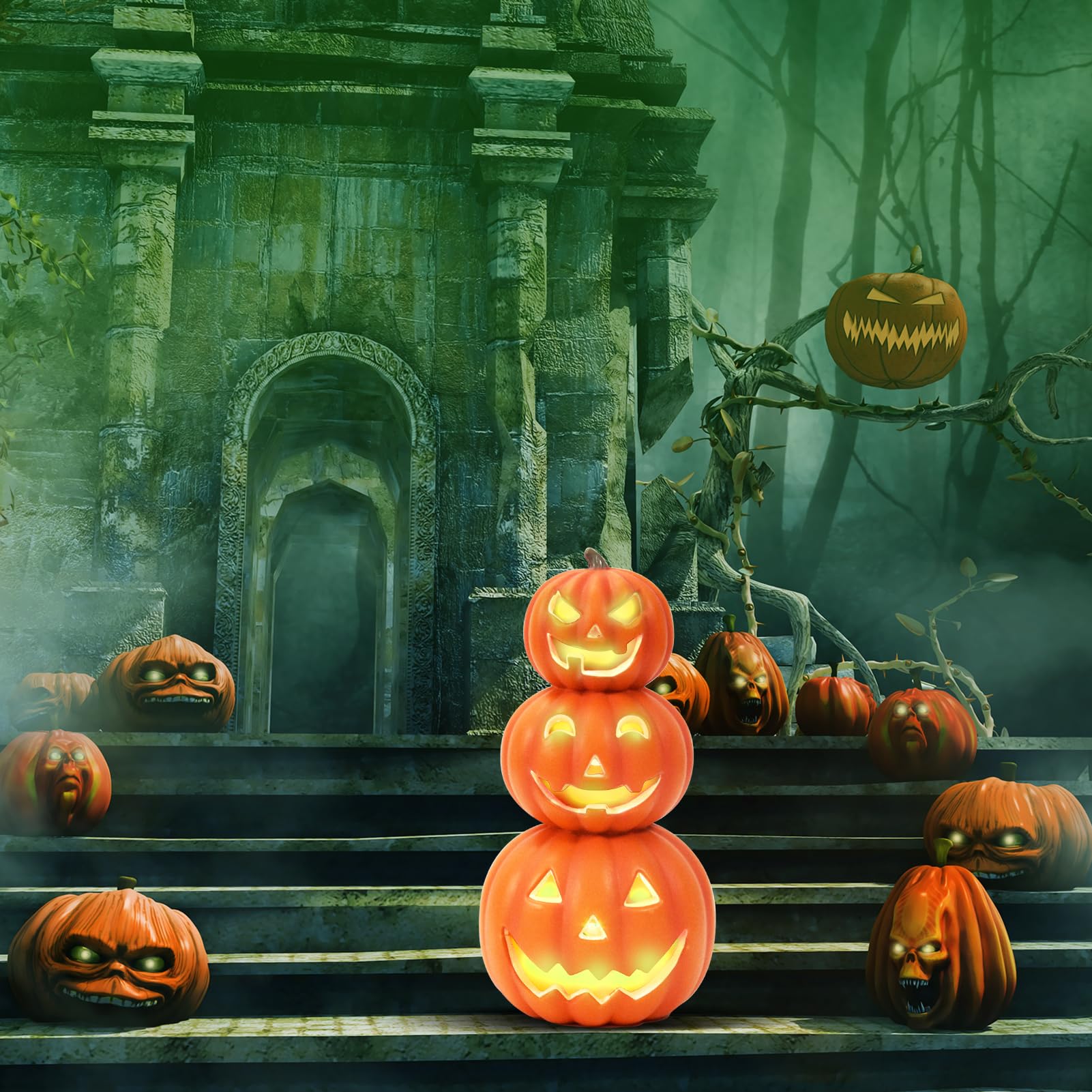 Linterna De Calabaza LED Grande Para Halloween | Decoración Brillante, 4 Luces, Funciona Con Pilas | 19.5x21.5 Cm