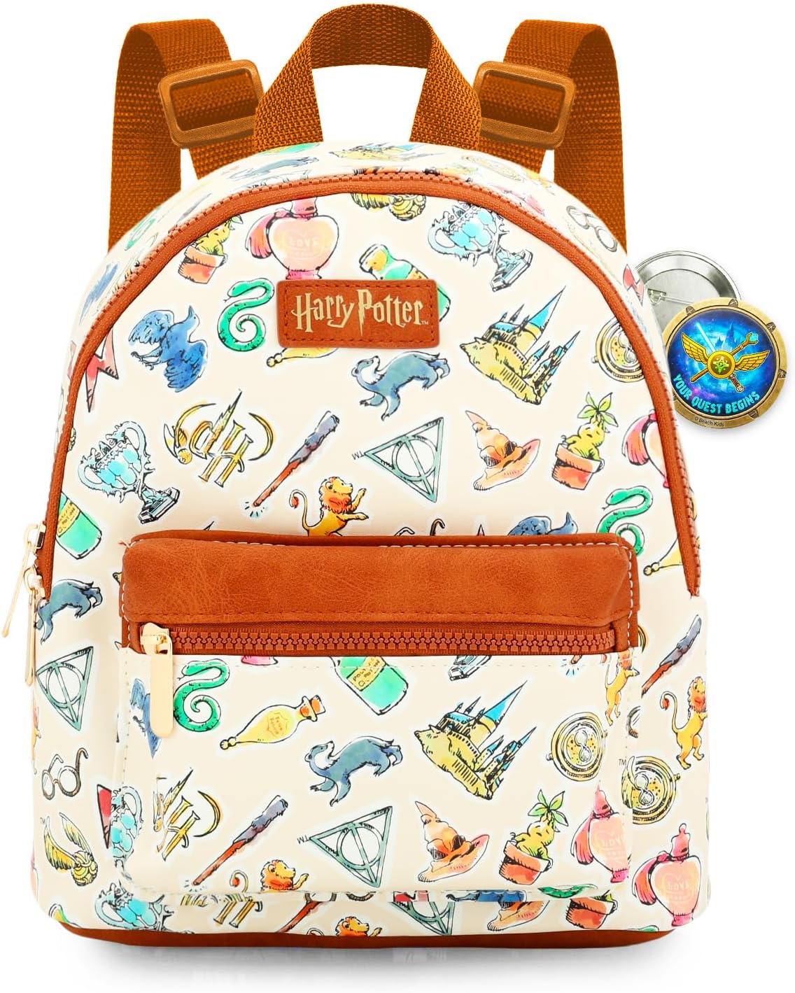 Harry Potter Mini Backpack - 10" Iconic Faux Leather Small Backpack with Front Pocket and Button Bundle | Adjusts to Fit Teens, Adults, Women
