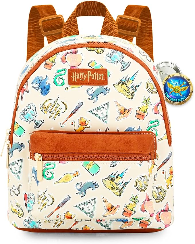 Harry Potter Mini Backpack - 10" Iconic Faux Leather Small Backpack with Front Pocket and Button Bundle | Adjusts to Fit Teens, Adults, Women