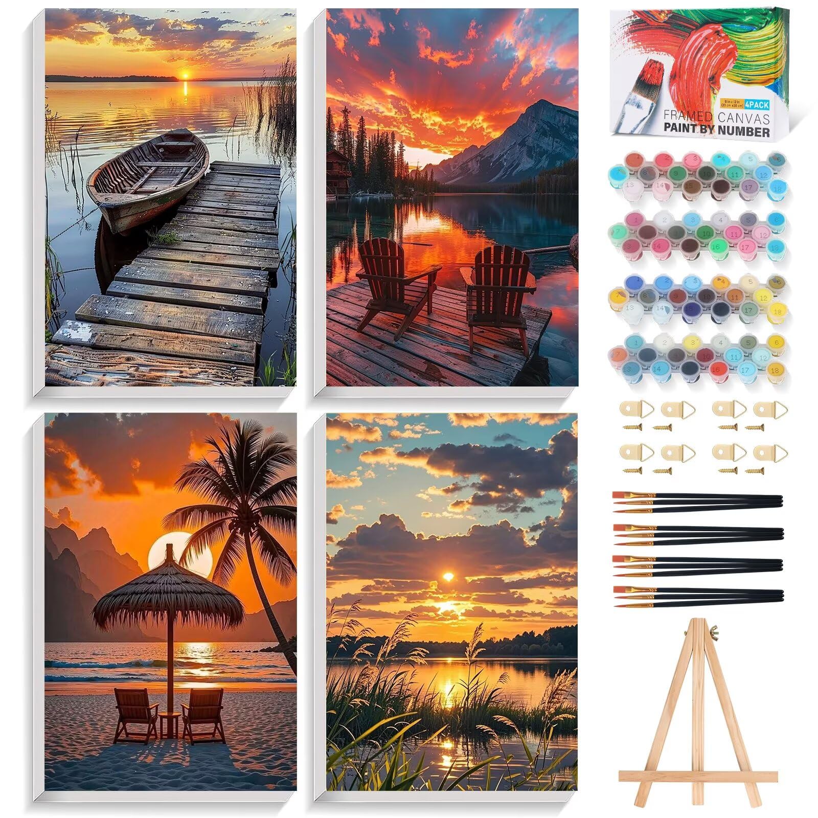 Fountor 4Pf-2030Cm-08 4 Pack Paint By Numbers For Adults With Frame, Sunset Adult Paint By Number Canvas Kits With Wooden Easel, Diy Acrylic Lake Landscape Painting By Numbers For Home Wall Decor Gift 8X12 Inch/20X30cm