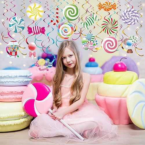 Miniatura 7 de Faccito 36 piezas de decoraciones de fiesta de Candyland, remolinos colgantes de remolinos coloridos, piruletas de caramelo temático de tierra,