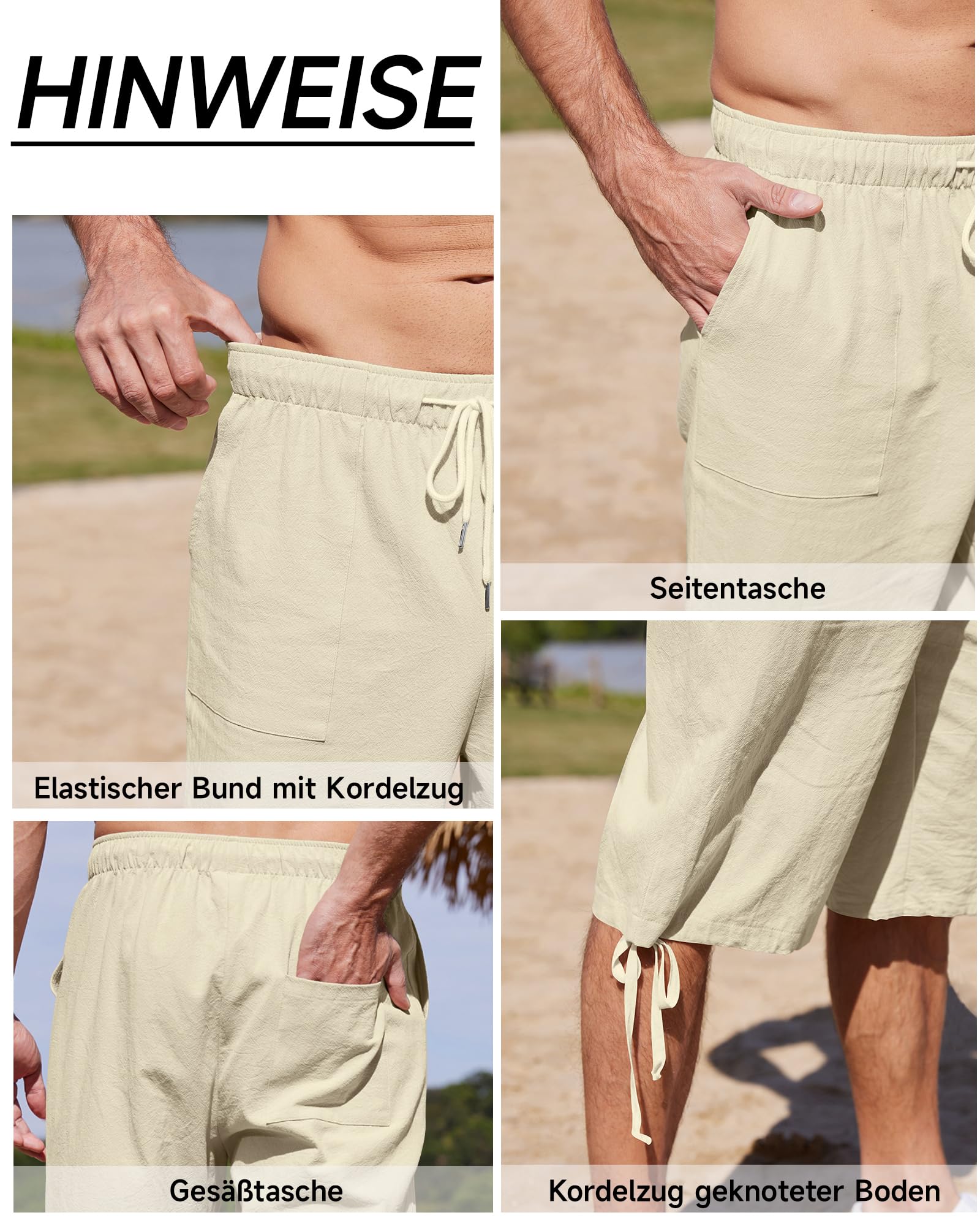 LVCBL Męskie lniane szorty o długości 3/4 spodnie letnie spodnie plażowe jogger casual spodnie dresowe