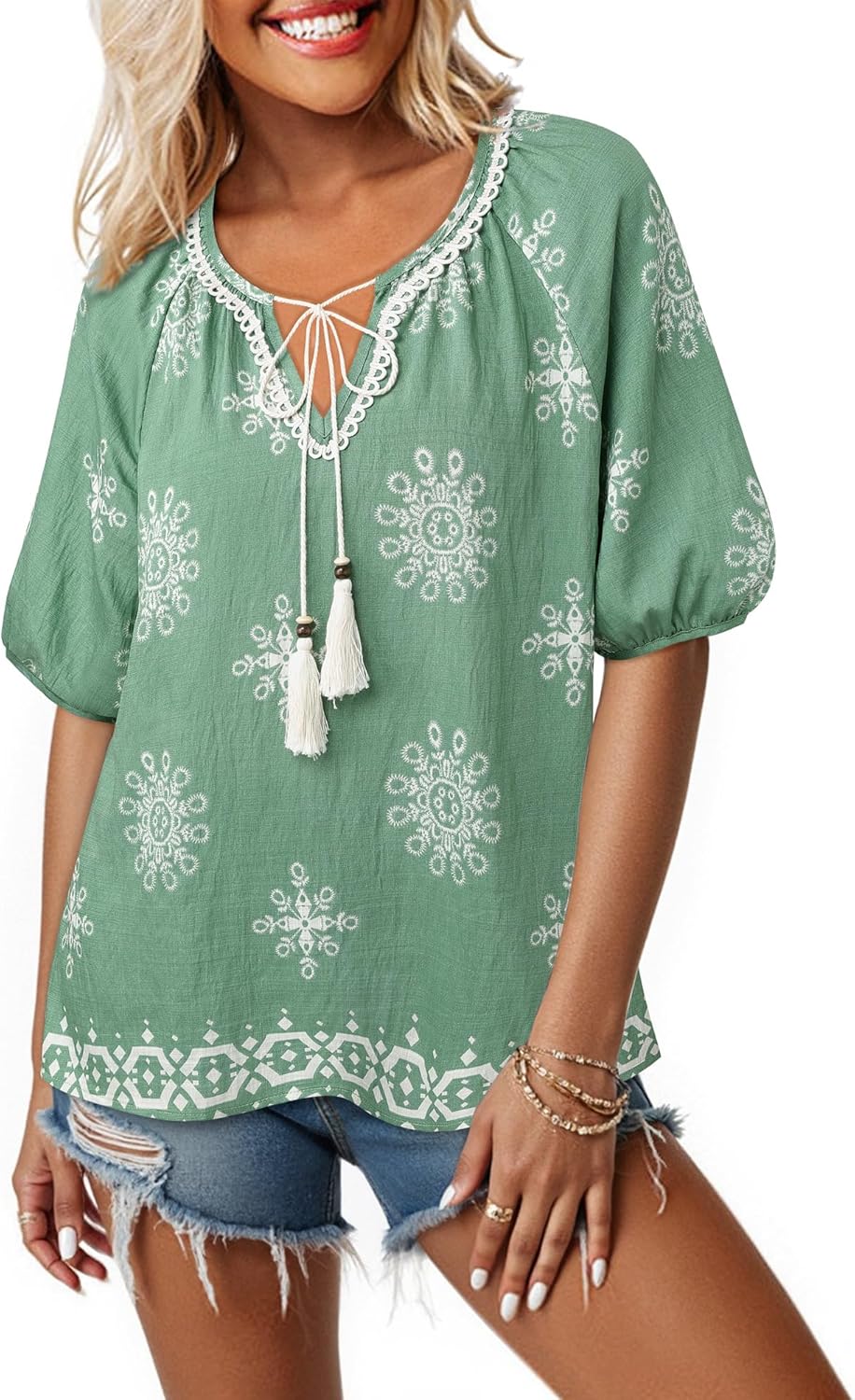 Vivilli Womens Summer Boho Tops Casual V Neck Short Sleeve Blouses Floral Print Shirt Tie Front Flowy Vacation Clothes - Image 4