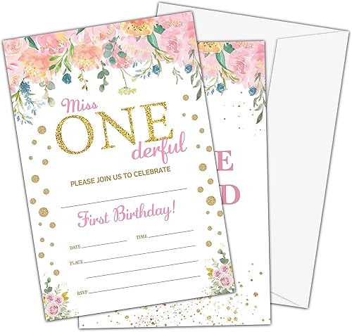 Miniatura 1 de Onederful - Invitaciones para fiesta de primer cumpleaños para niñas, suministros para fiestas de cumpleaños temáticas de Miss Onederful,