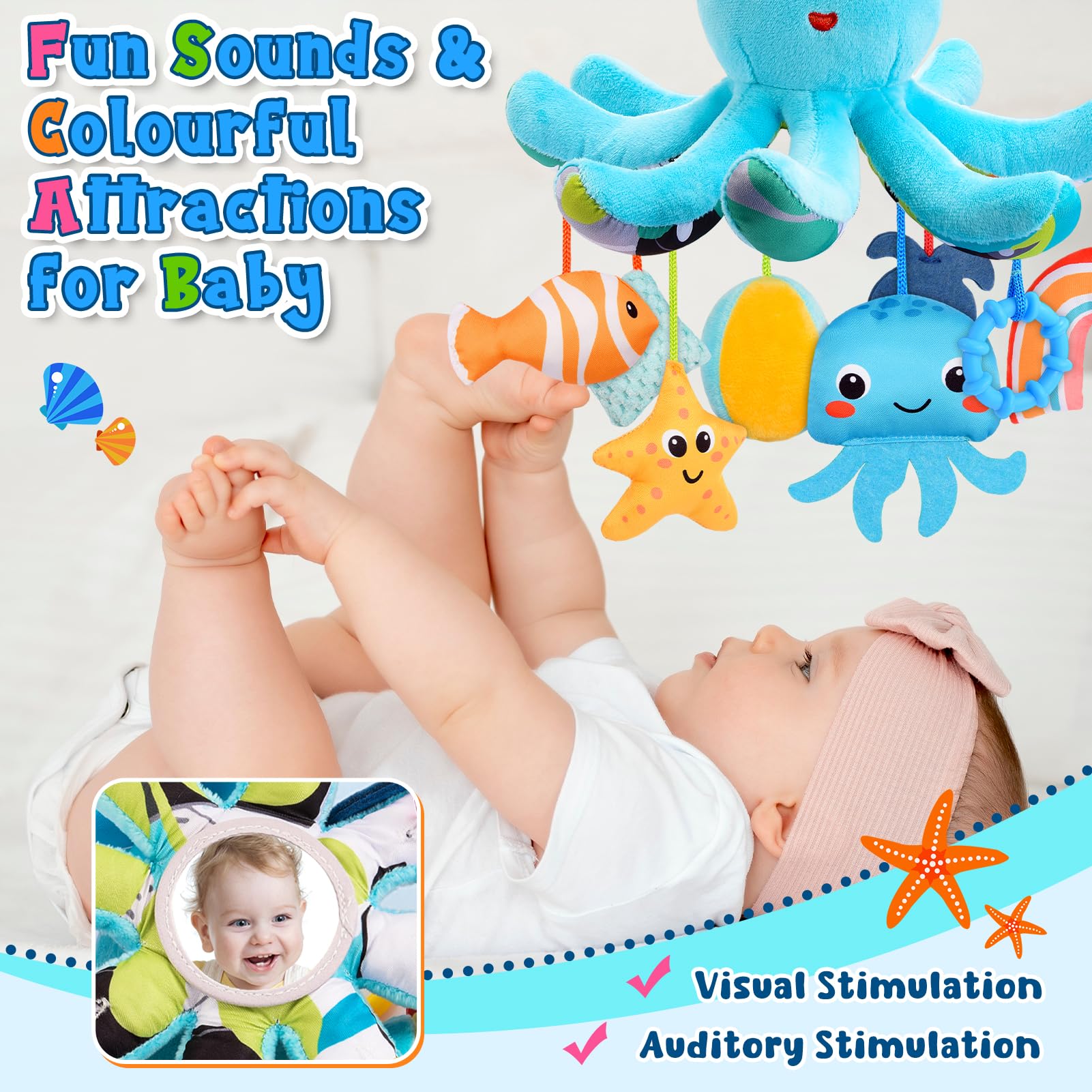 HappyKidsClub Pluszowa ośmiornica dla niemowląt w wieku 0-18 miesięcy – z 8 wiszącymi zabawkami sensorycznymi i lusterkiem – zabawka motoryczna Baby Montessori do wózka dziecięcego (nadaje się do