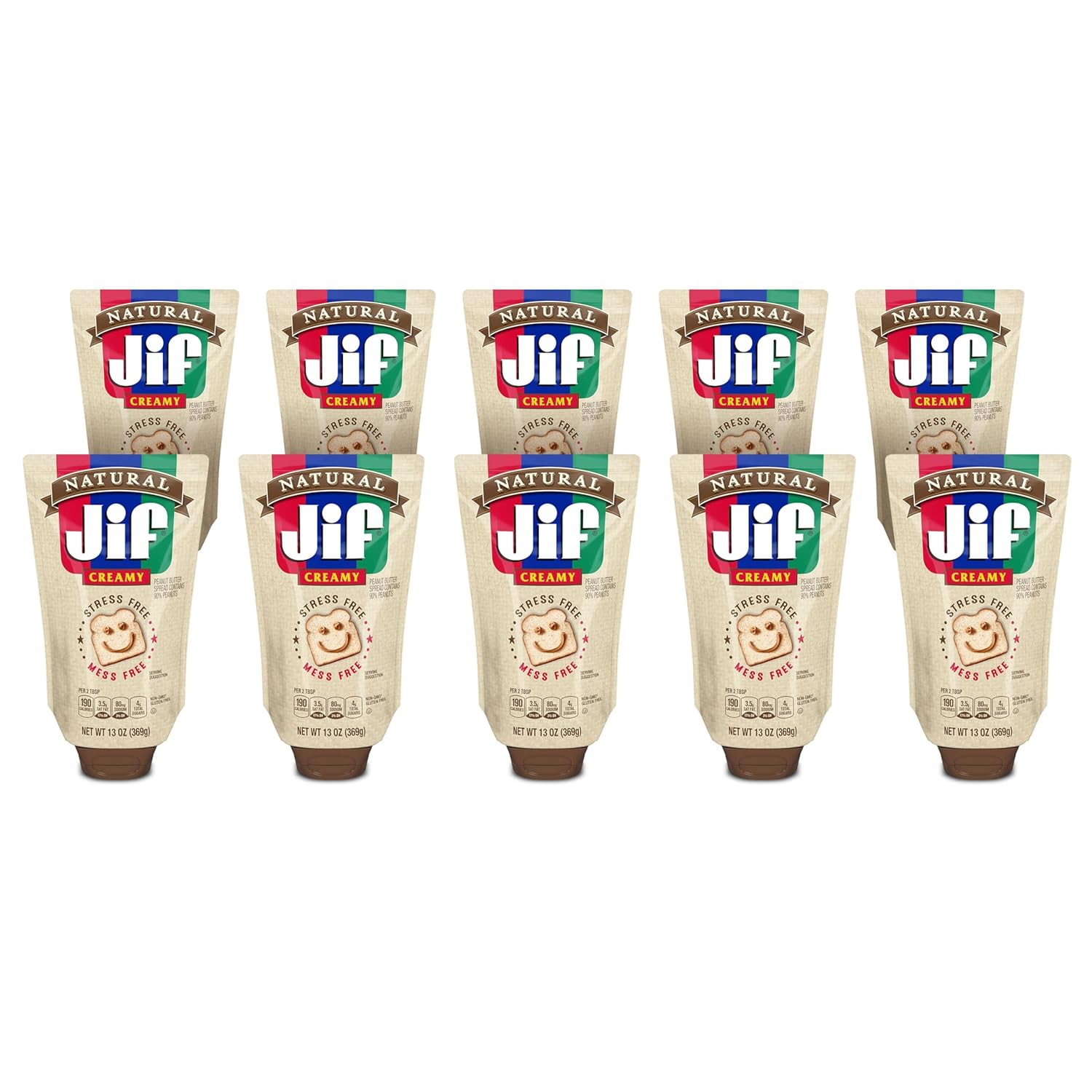Jif Natural Squeeze Creamy Peanut Butter, 13 Ounces (Pack of 10), Smooth, Creamy Texture, Portable Peanut Butter Pouch
