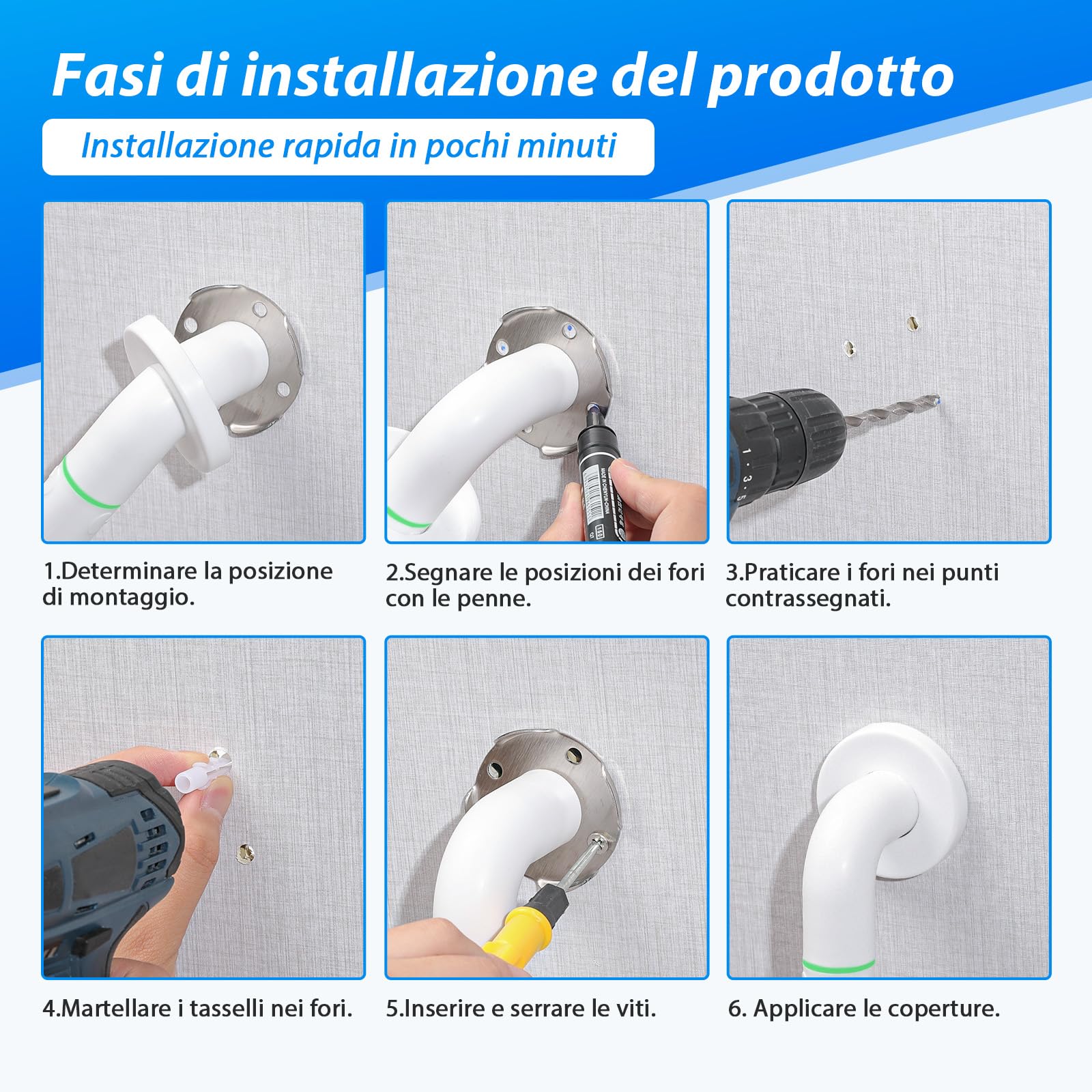 Fanwer 2 maniglioni per vasca con impugnatura antiscivolo e cerchi luminosi di sicurezza, maniglia da 40 cm in acciaio inossidabile per vasca, maniglia da parete per doccia con portasciugamani.