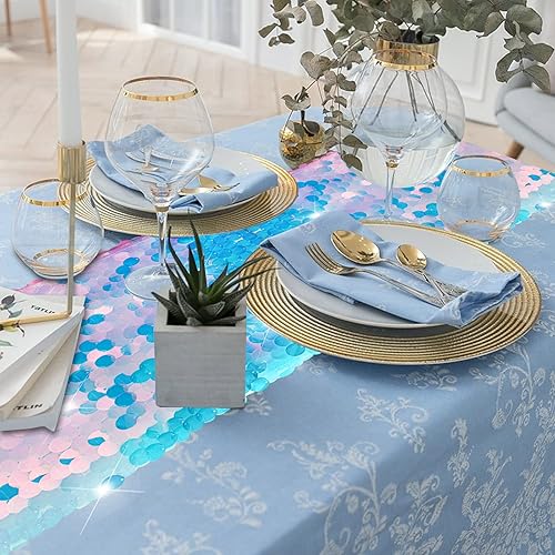 Miniatura 6 de Camino de mesa de escamas de cola de sirena de 12 x 84 pulgadas, cubierta de lentejuelas holográficas con purpurina para decoración y suministros de