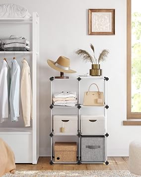 SONGMICS Attachable rack, plastic rack, DIY cube rack, step rack, shelving system, 6 compartments, toys, shoes, books, living room, children's room, bedroom, 93 x 31 x 93 cm, white LPC11S