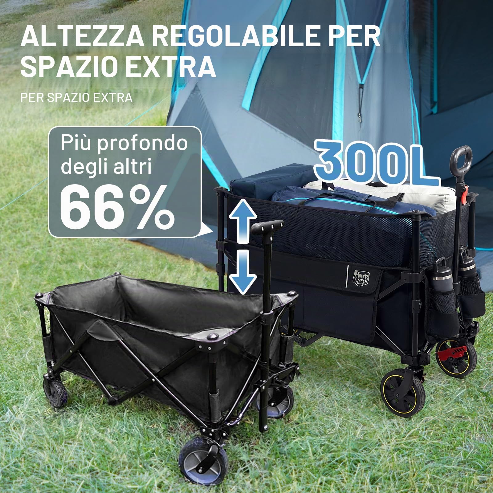 TIMBER RIDGE XXXL Carrello da Giardino Pieghevole Carrelli da Trasporto Pieghevoli 225L Carrello da Spiaggia più Profondo per Giardino da Campeggio all'aperto Ogni Tipo di Terreno Nero con freno