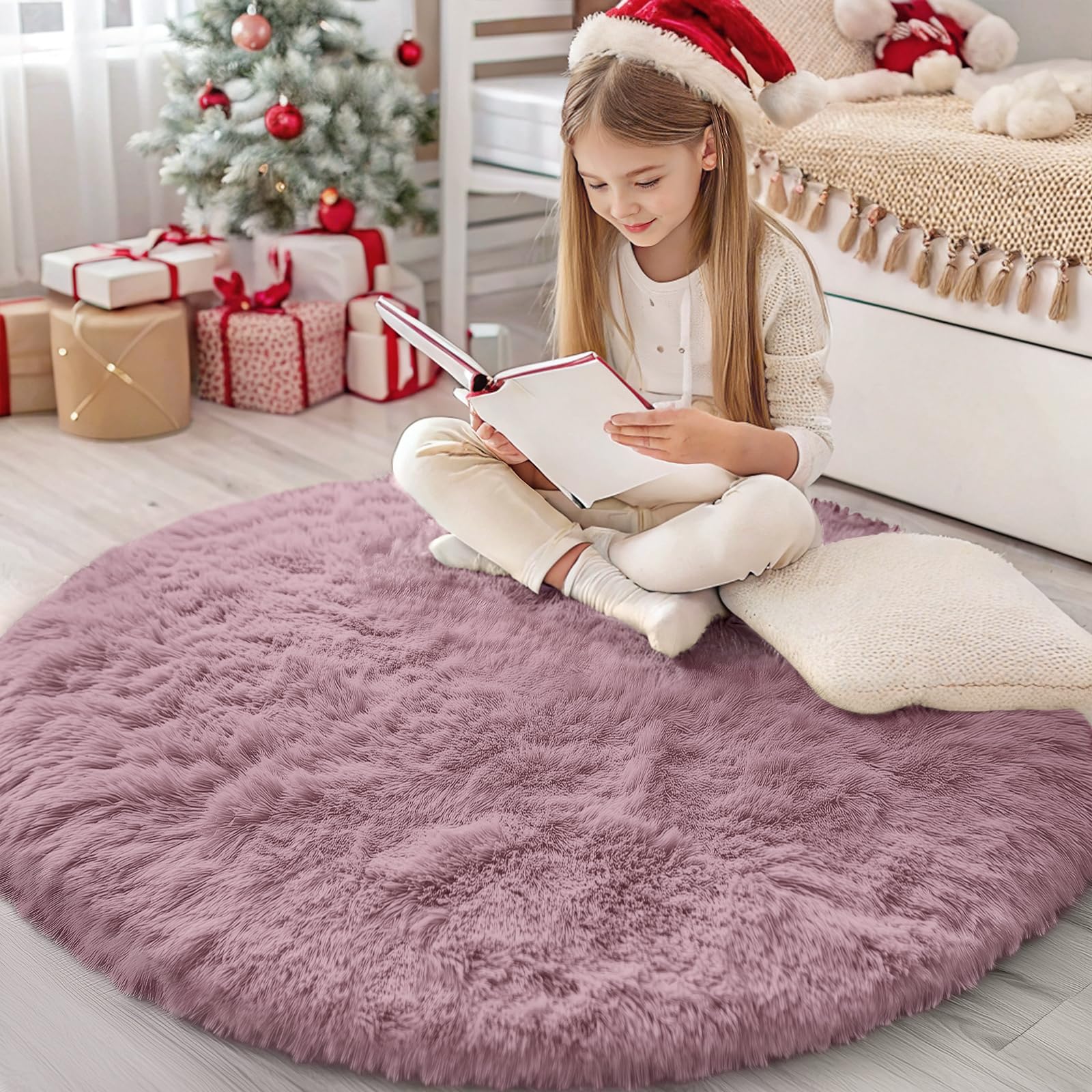 OLANLY Blush Round Rugs for Bedroom - Machine Washable, 4x4 Feet Circle Area Rugs for Living Room, Soft and Fluffy Shaggy Carpet for Teen Girls and Boys, Dorms, Nursery Rooms, Home Decor Aesthetic