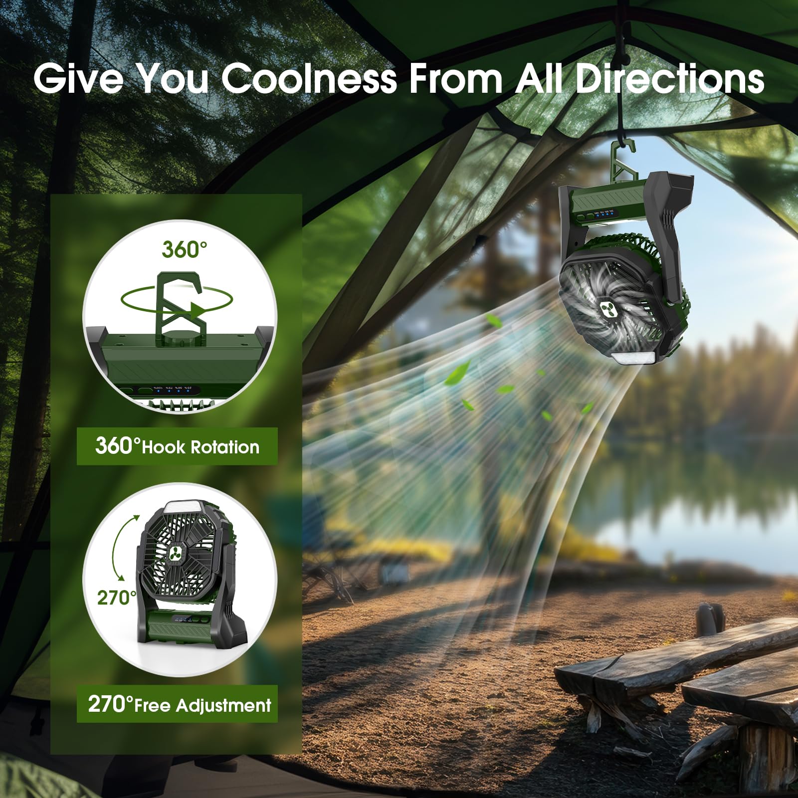 Batteriebetriebener Ventilator 20000mAh Kabellos, Wiederaufladbarer Tragbarer Ventilator mit LED-Laterne, USB-C-Akku Tischventilator, Campingventilator für Reisen Strand Green
