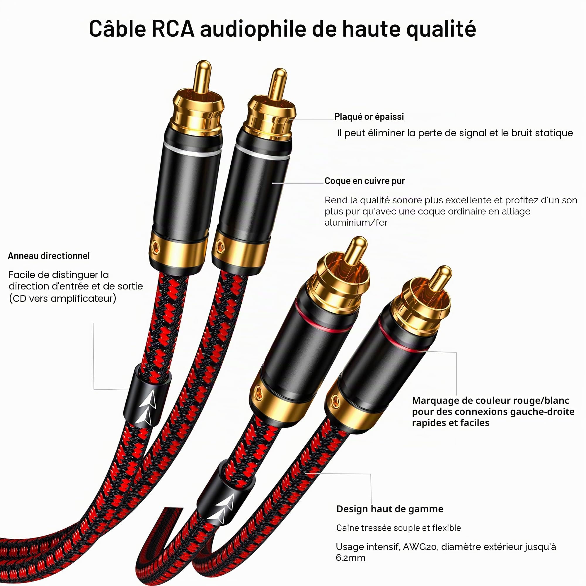 Câble audio stéréo 2RCA mâle vers 2RCA mâle plaqué or, cuivre sans oxygène 4N, 1 m