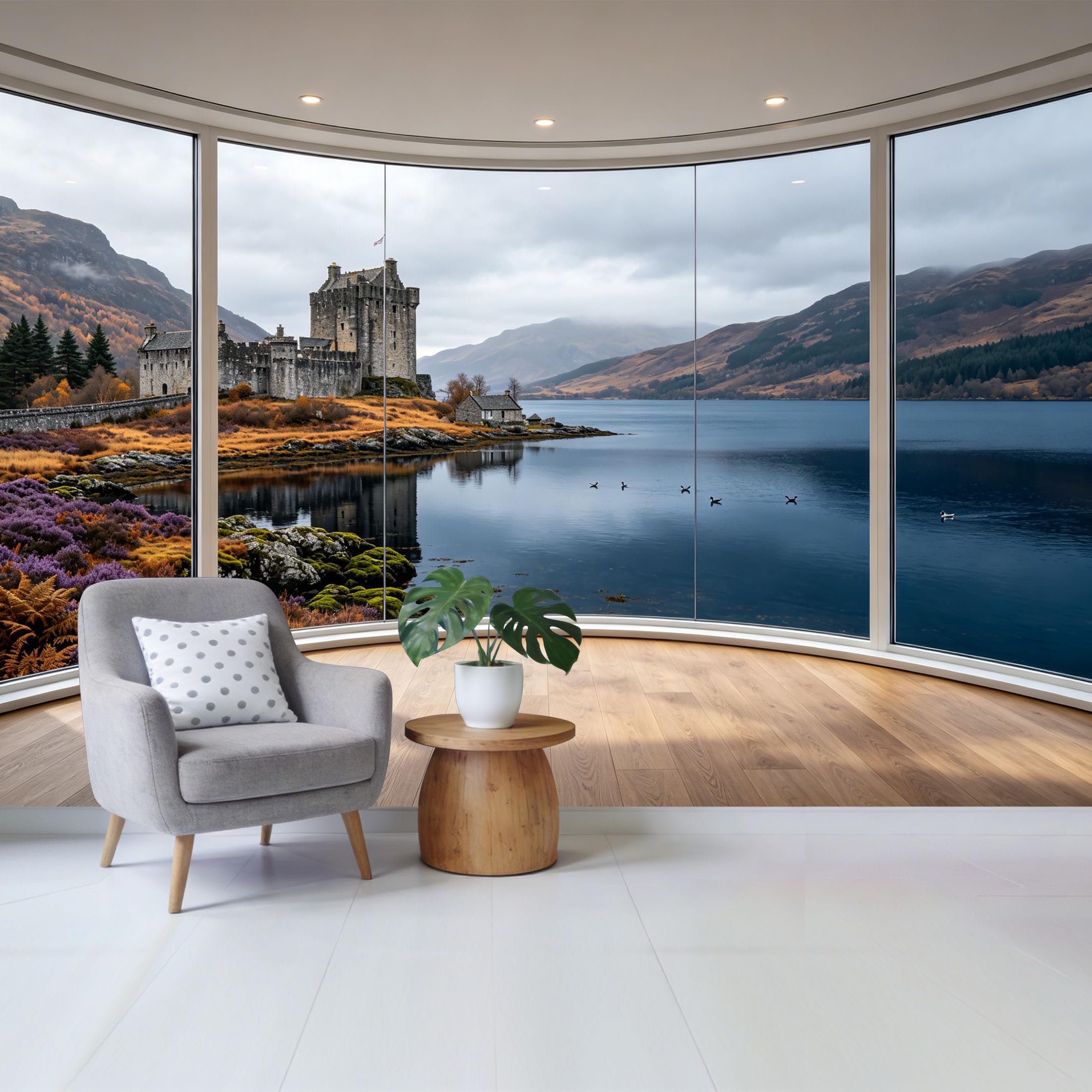 Removable Self Adhesive Fabric Mural， Highland Castle Lake View Custom Size Wall Covering， UV Protected Waterproof Washable Wall Decor for Living Room Bedroom Bathroom