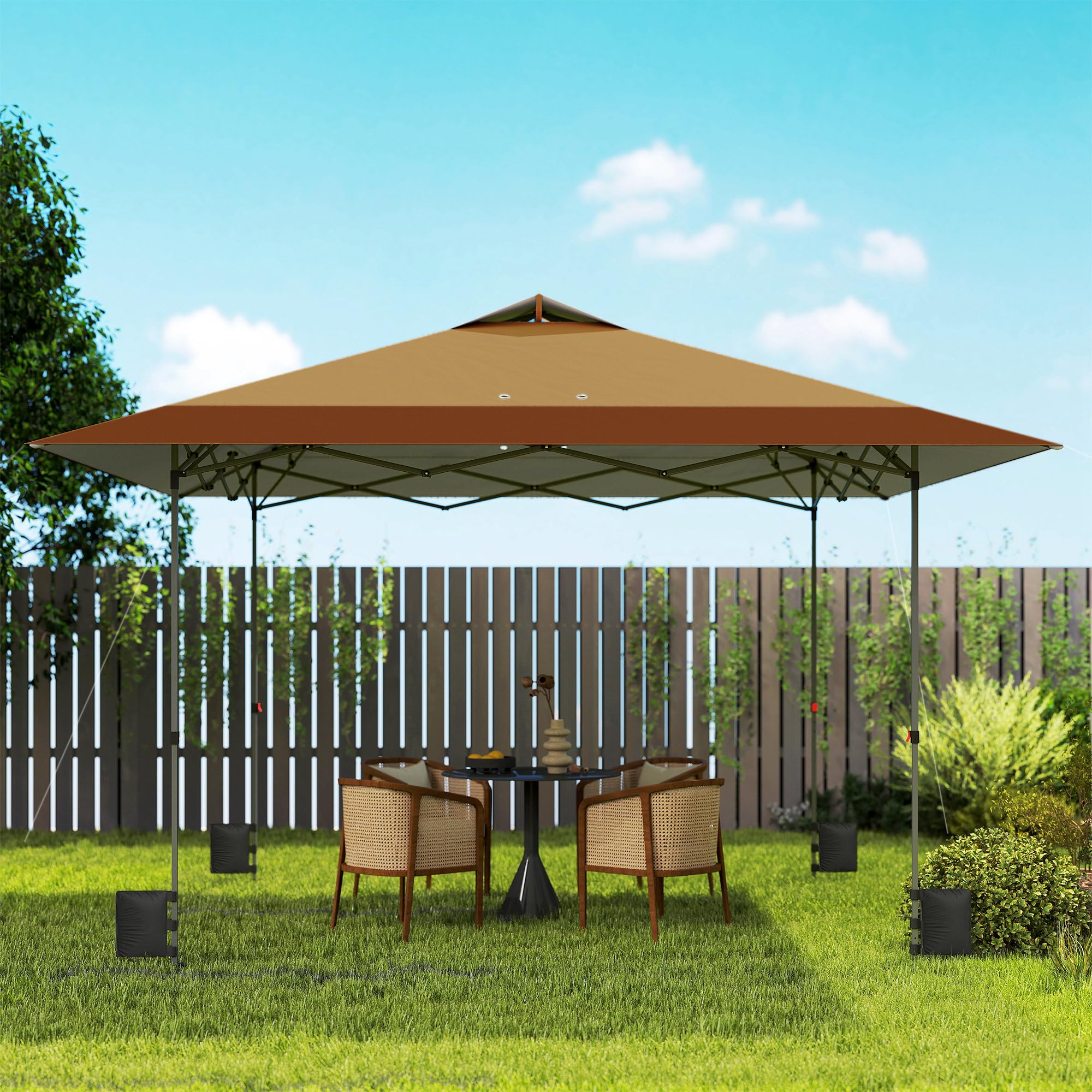 Outsunny Carpa Plegable Pop-up Gazebo 4x4 m Bloqueo Central Beige y Café | Cenador Plegable, UPF50+, Altura Ajustable, 4 Bolsas de Arena, Bolsa de Transporte con Ruedas, Camping, Fiestas