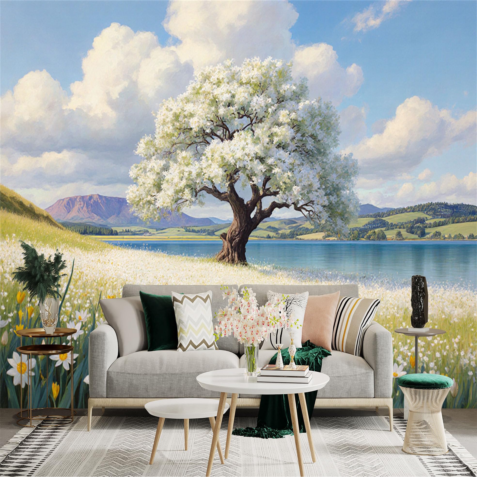Custom Size Wall Sticker Mural， White Blossoming Tree， Scenic Lake View， Wildflower Meadow， Peaceful Nature Landscape， for wall Decoration， peelandstick wall Decals.