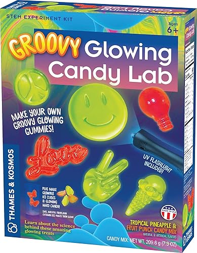 Thames & Kosmos Groovy - Kit STEM de laboratorio de dulces brillantes | Haz dulces que brillan en la oscuridad, cubitos de hielo | Explora la