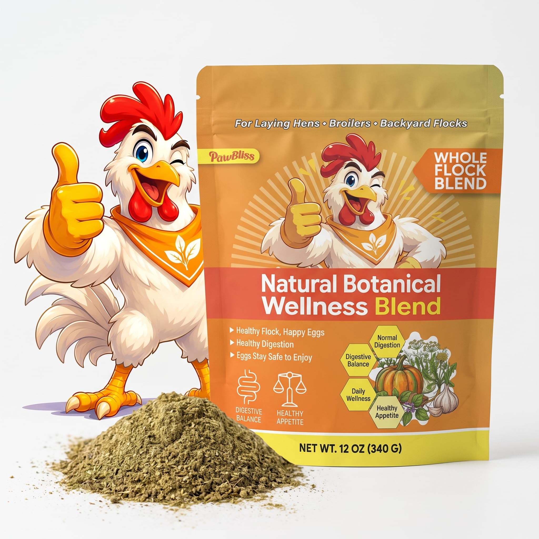 Mix di mangime per polli e uccelli, formula naturale a base vegetale con semi di zucca, aglio e origano, polvere facile da miscelare per galline ovaiole e stormi da cortile, 340 g