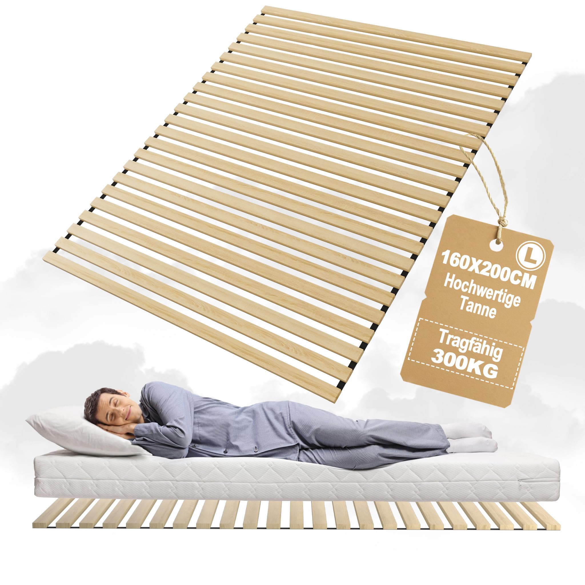 Aufun Lattenrost Rolllattenrost Rollrost Fichtenholz mit 23 Leisten, 160x200cm Holzlatten Lattenroste, Faltbar stabil belastbar bis 300kg für alle Matratzentypen Matratzenrost, inkl. Schwarz Gummiband