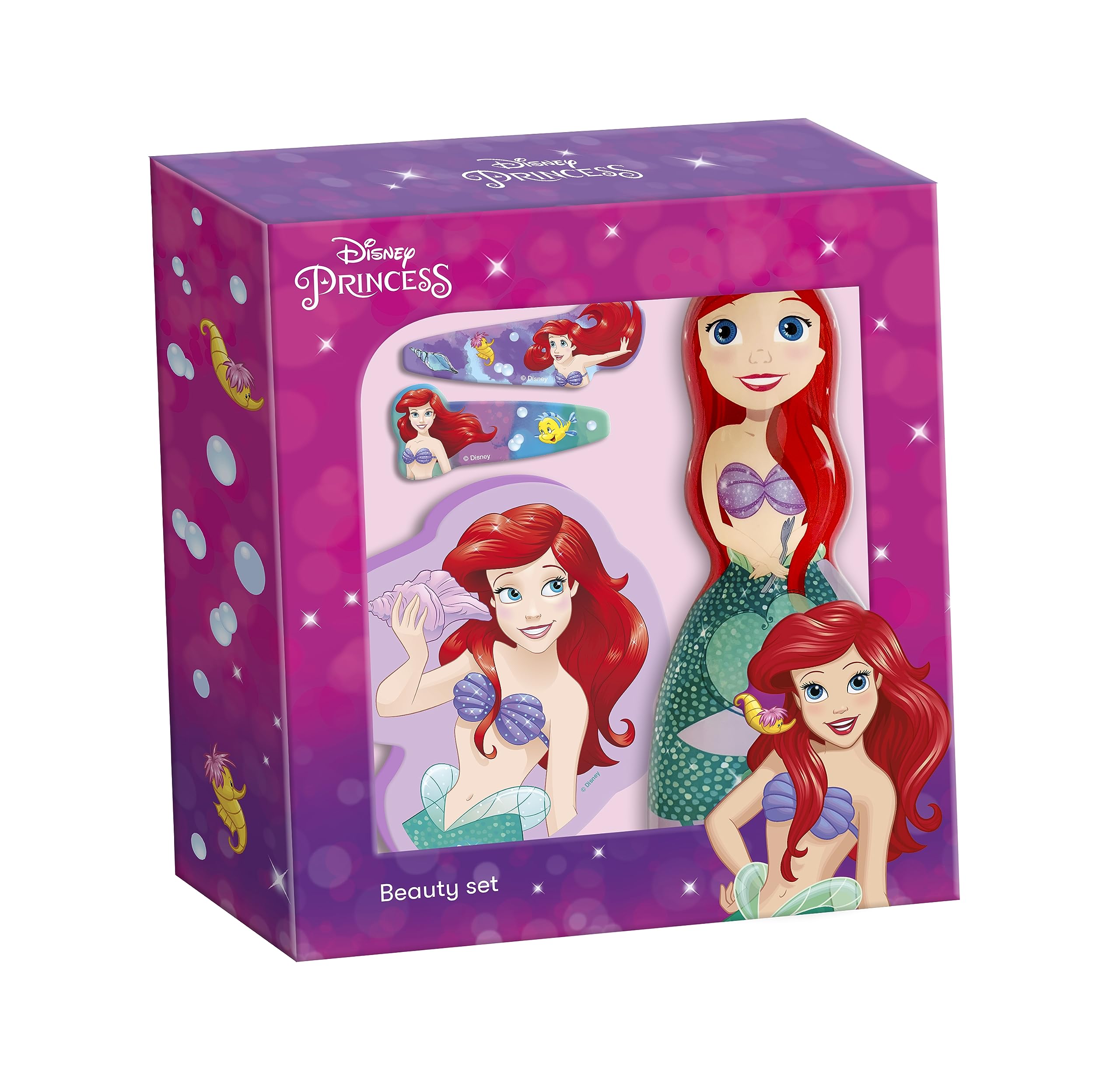 Disney Princess Estuche Baño Ariel Compuesto por Figura Gel Champú 2 en 1, Esponja Baño y 2 Clips de Cabello decorados