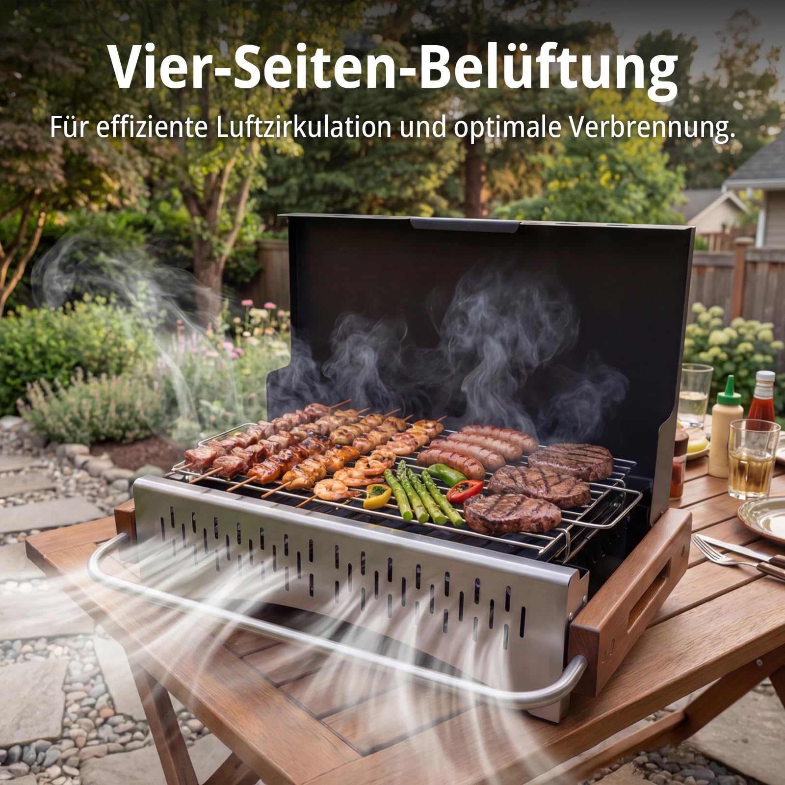 Holzkohlegrill tragbar mit Zubehörset, klappbarer Grill 38,15 x 20,95 cm, werkzeuglose Montage, 2-fach höhenverstellbar, ideal für Balkon Garten Camping