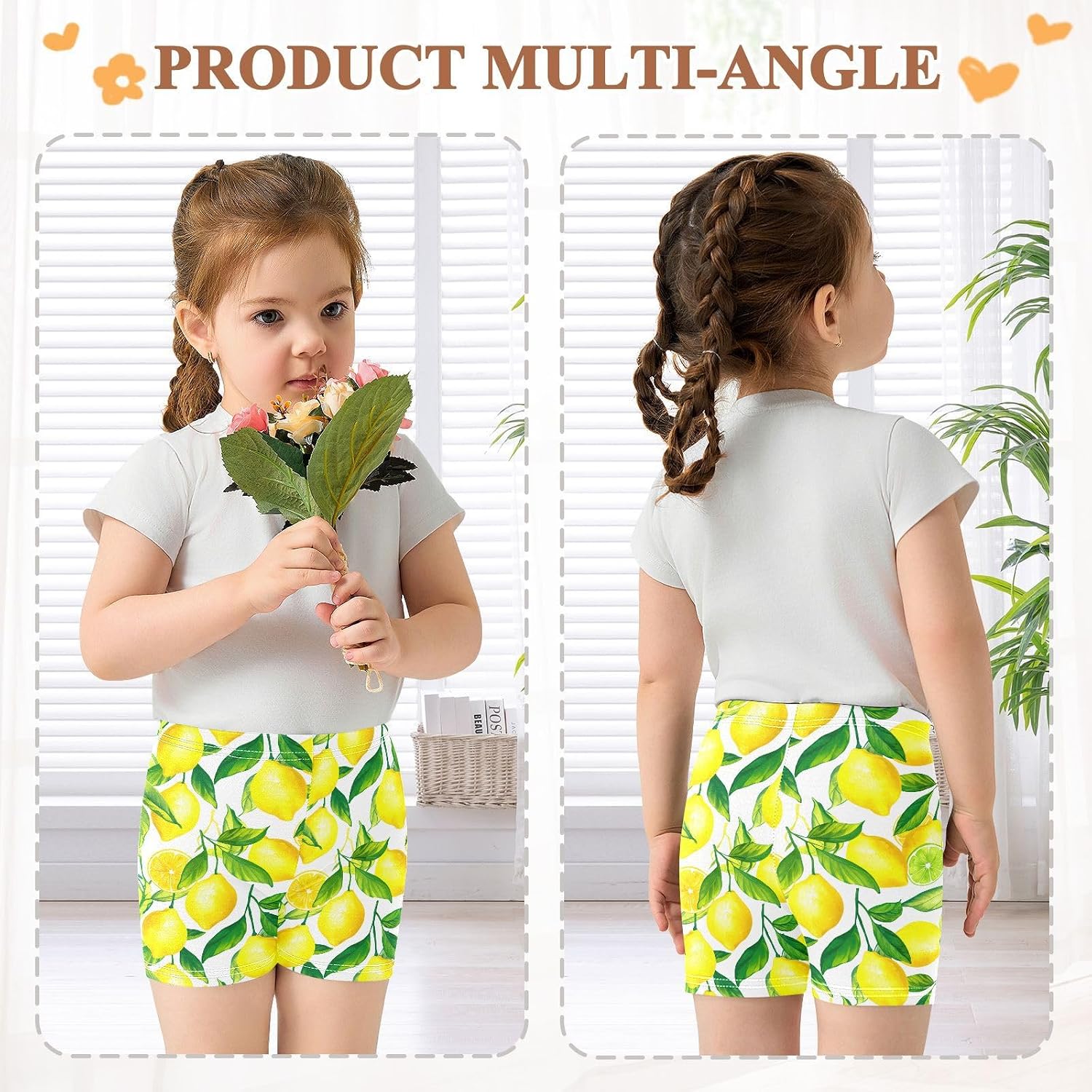 Lemon Lime Leaves White Girls Bike Shorts Toddler Soft Cotton Under Dress Cartwheel Shorts