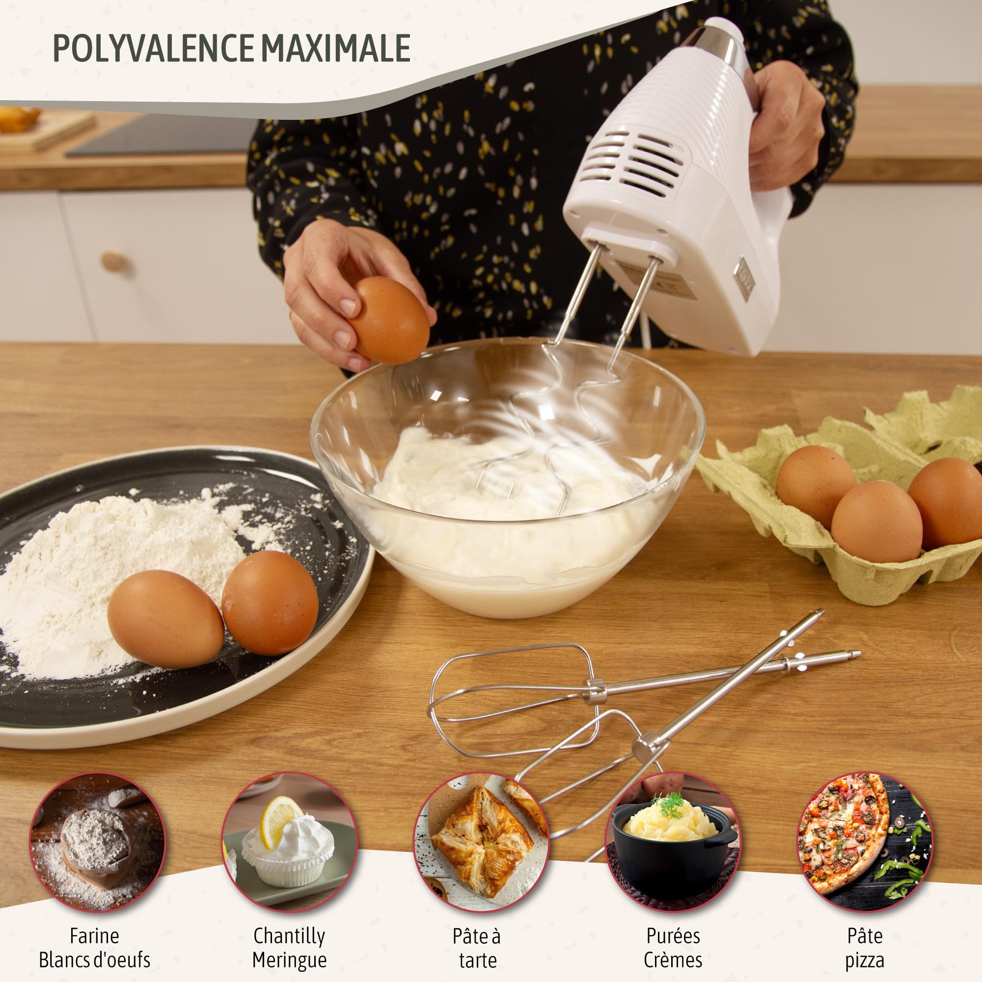 briebe Elegance Batteur Electrique Cuisine 400W, Mixeur Spécial Pâtisserie, 5 Vitesses + Turbo, Inox Accessoires Fouet et Pétrissage, Blancs d'œufs, Crème, Pâte à Pizza, Génoise, Blanc
