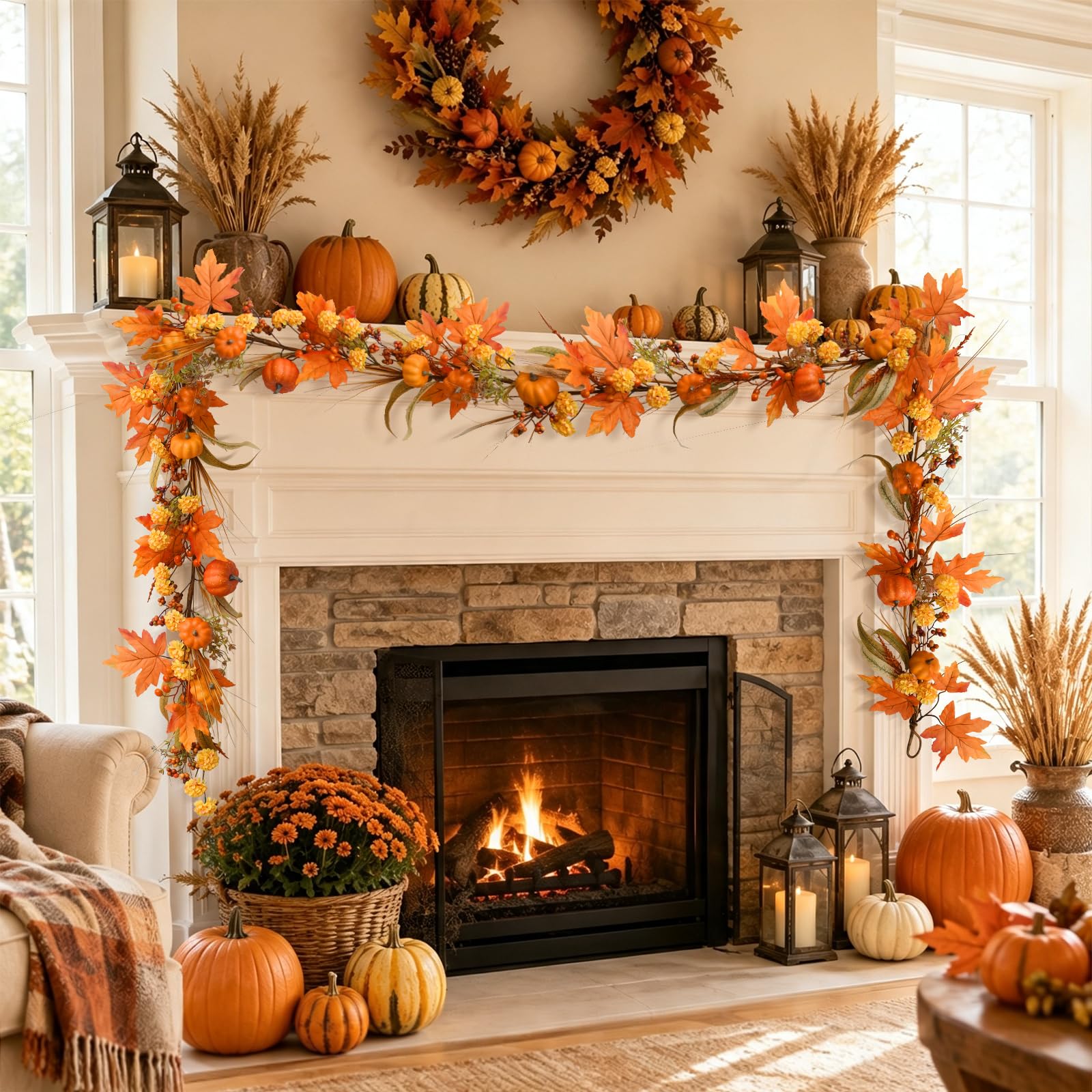 Guirnalda de otoño de 6 pies con luces, calabaza y hoja de arce para