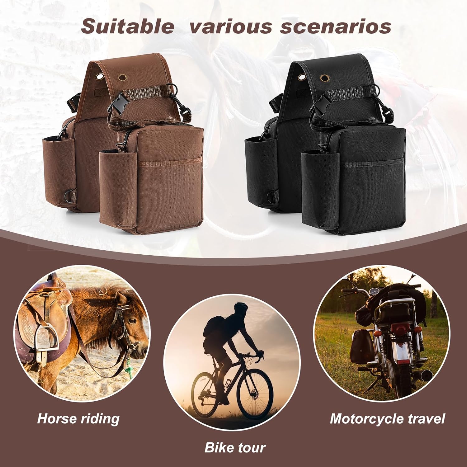 2 Pcs Horse Saddle Bag for Horses Gear Carrier Pommel Packet Waterproof Saddle Sack Pannier with Pocket for Water Bottle Camera Cell Phone Key, Black, Brown